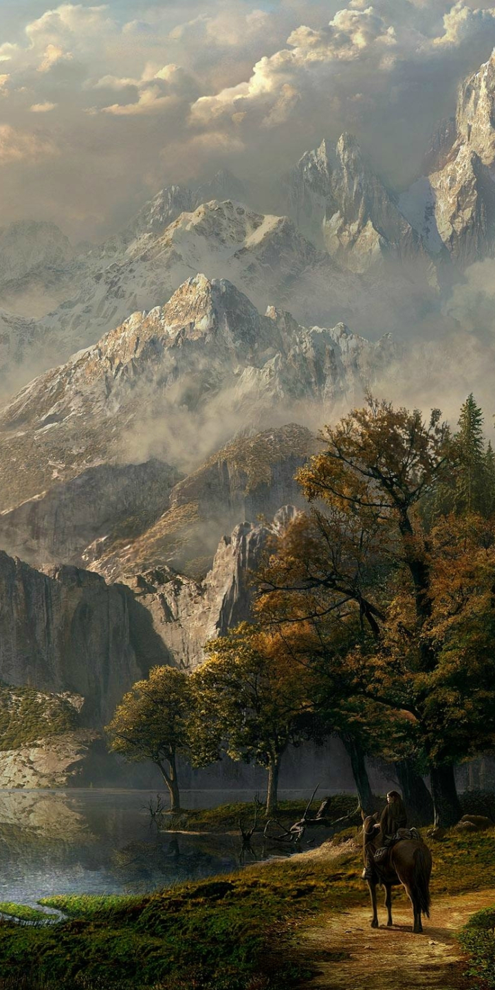 Download mobile wallpaper Landscape, Fantasy, Mountain, Horse, Adventure for free.