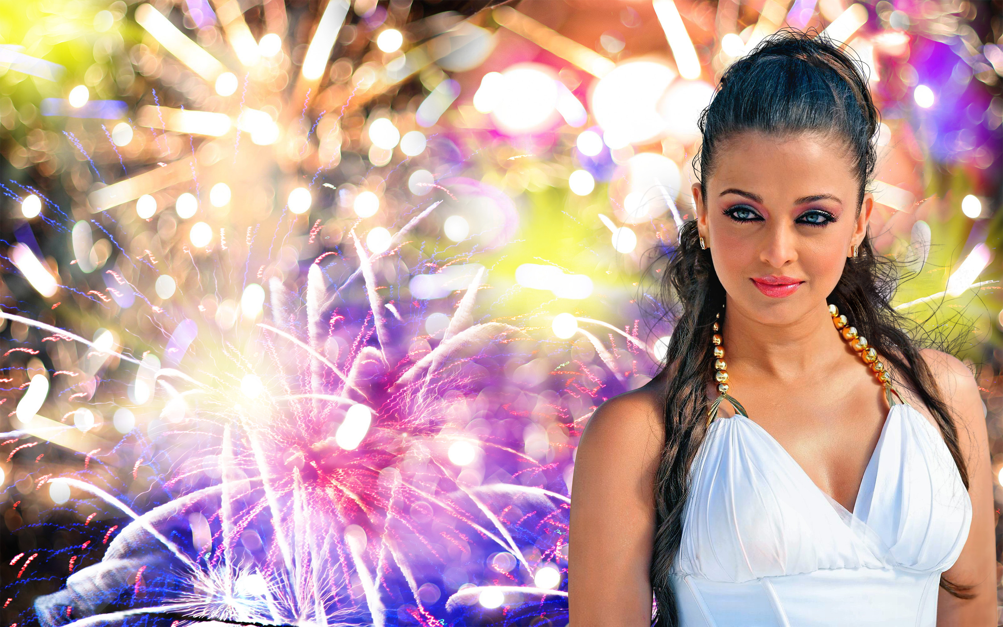 Free download wallpaper New Year, Fireworks, Model, Celebrity, Aishwarya Rai, Bollywood on your PC desktop