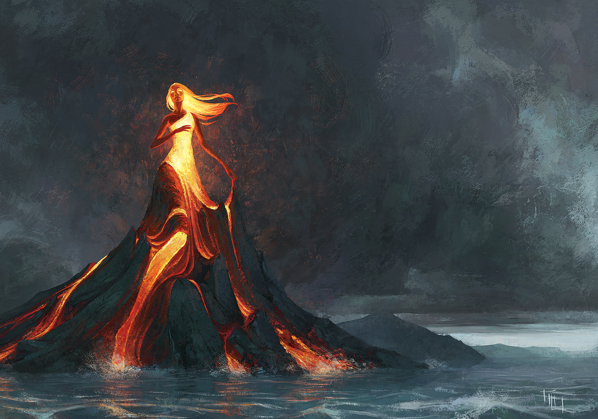 Download mobile wallpaper Fantasy, Volcano, Women for free.