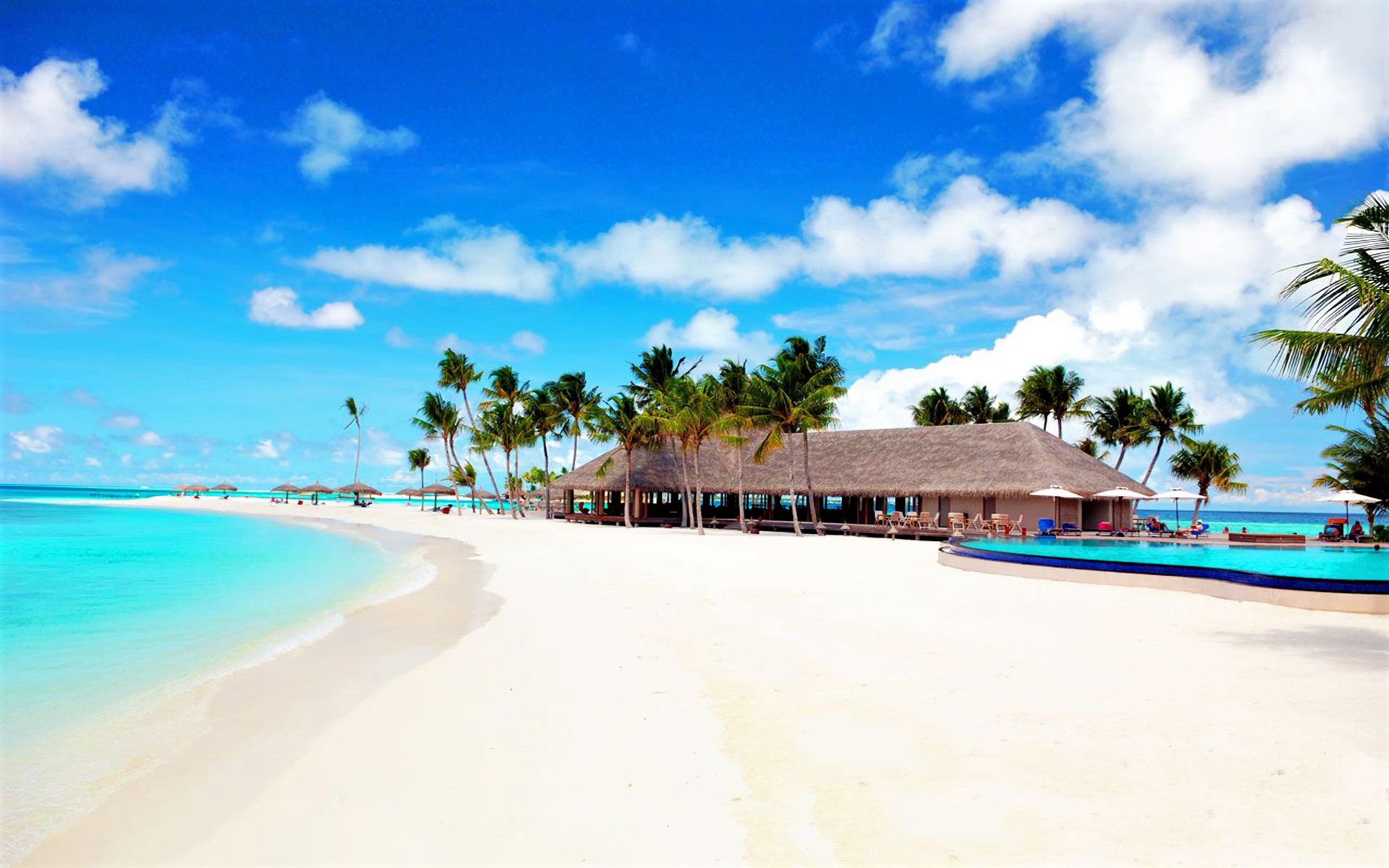 Download mobile wallpaper Sea, Ocean, Tropical, Resort, Man Made, Palm Tree for free.