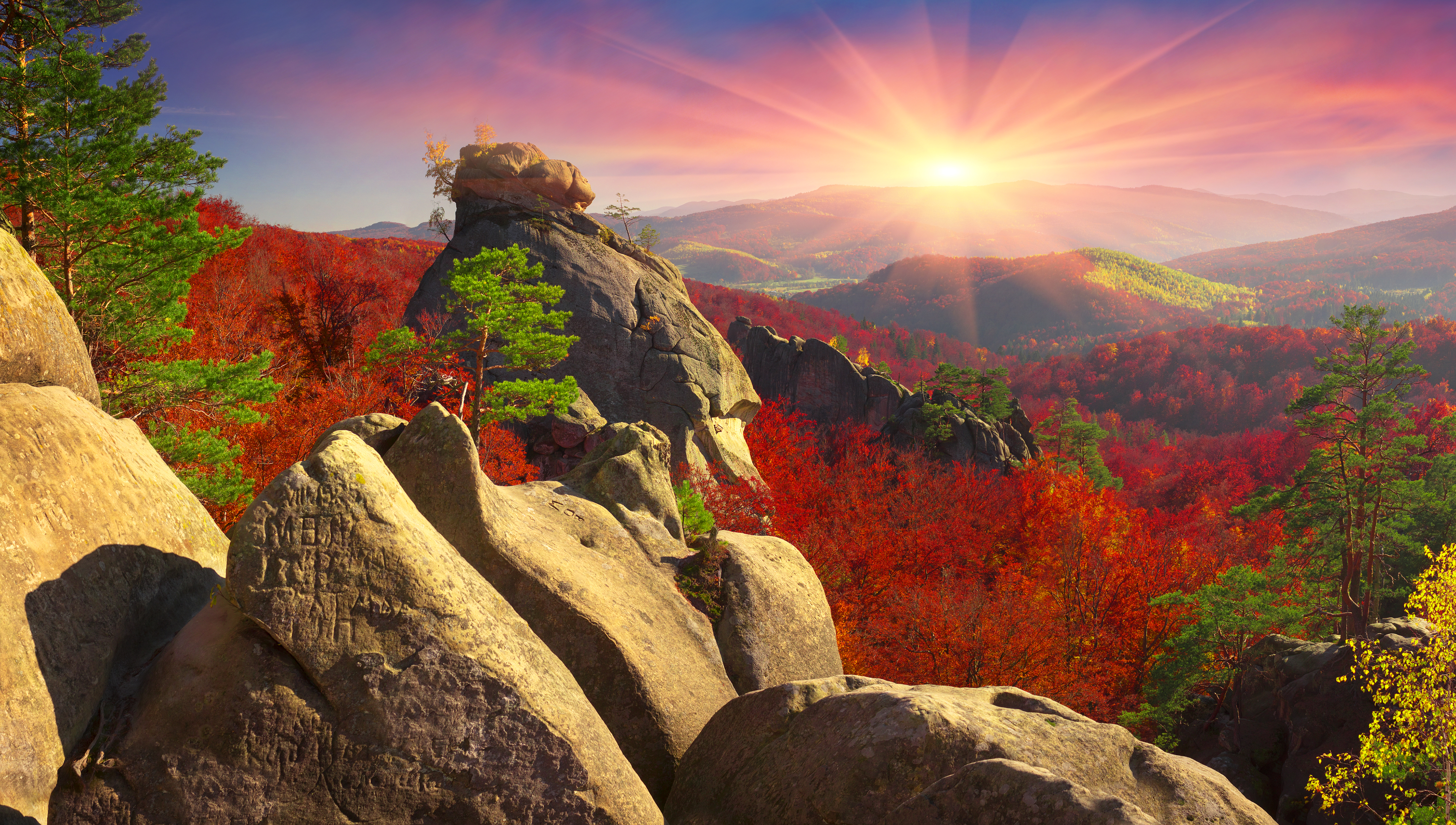 Free download wallpaper Landscape, Sunset, Mountains, Sun, Mountain, Forest, Fall, Earth on your PC desktop