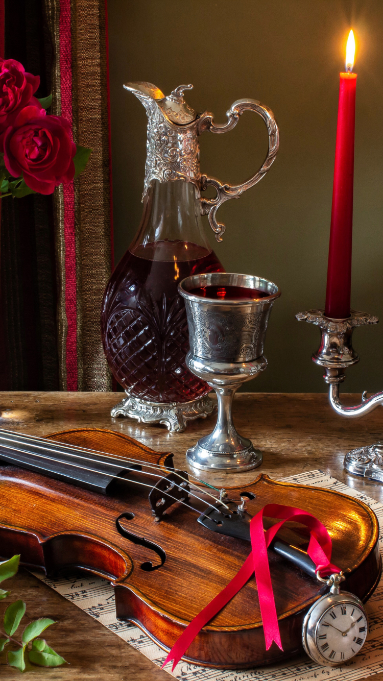 Download mobile wallpaper Still Life, Flower, Candle, Photography, Violin for free.