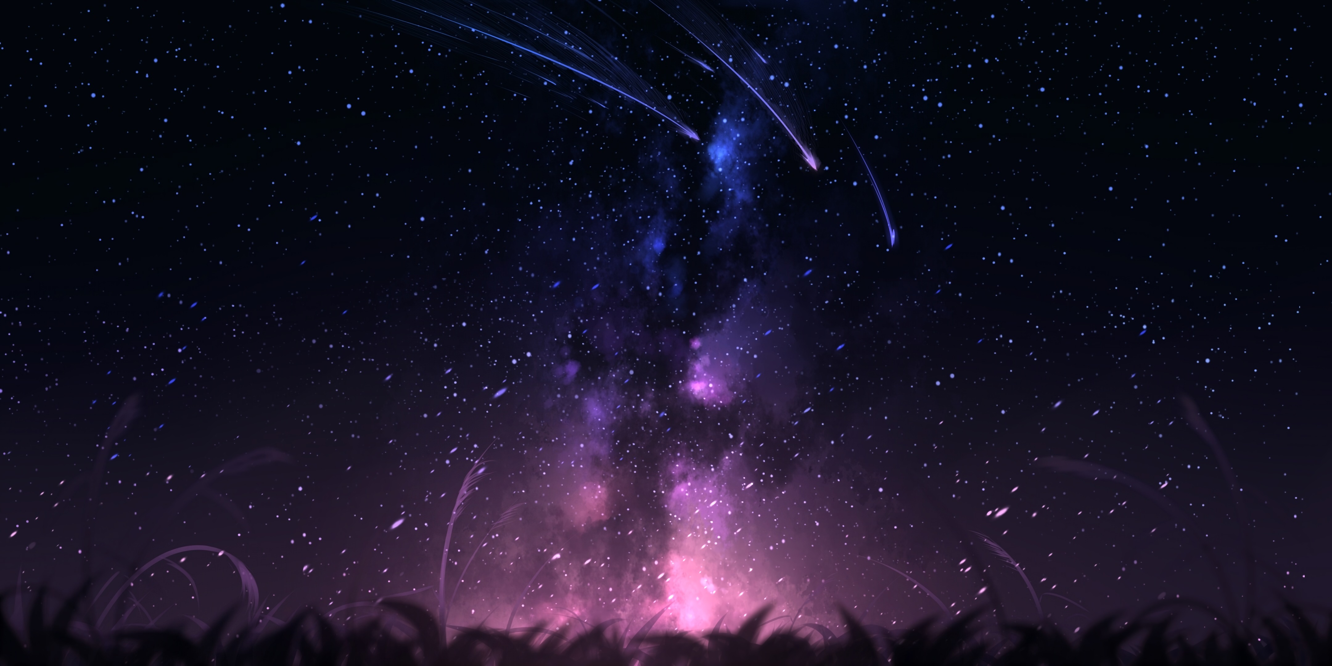 universe, grass, art, stars, comet, comets