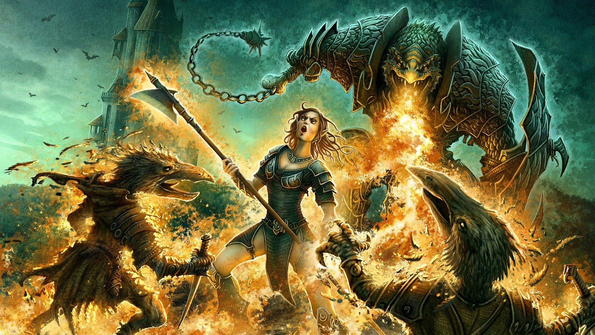 Download mobile wallpaper Fantasy, Fire, Warrior, Creature, Battle for free.