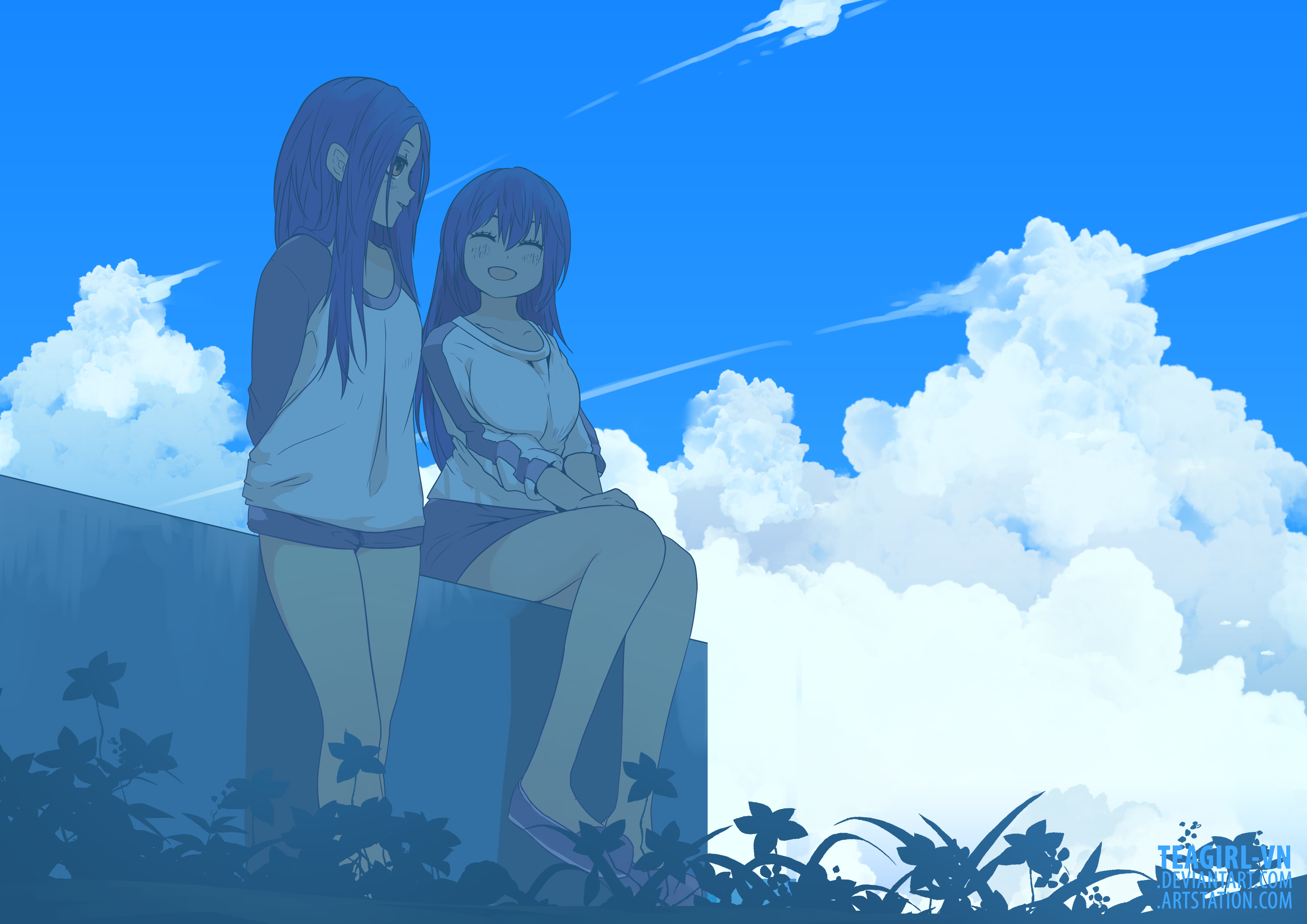 Download mobile wallpaper Anime, Cloud, Original, Blue Hair for free.