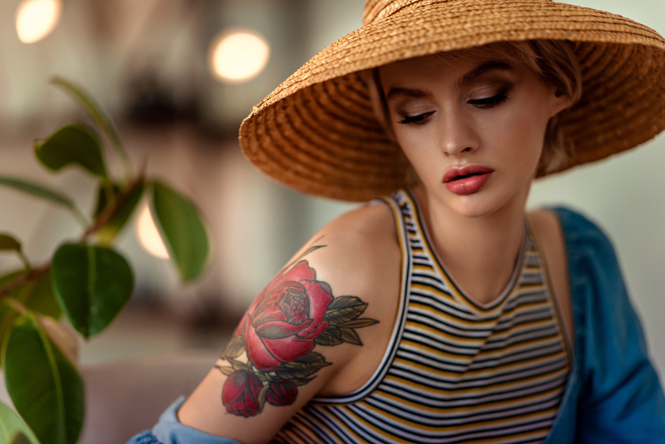 Download mobile wallpaper Tattoo, Mood, Model, Women, Lipstick, Asian Conical Hat for free.
