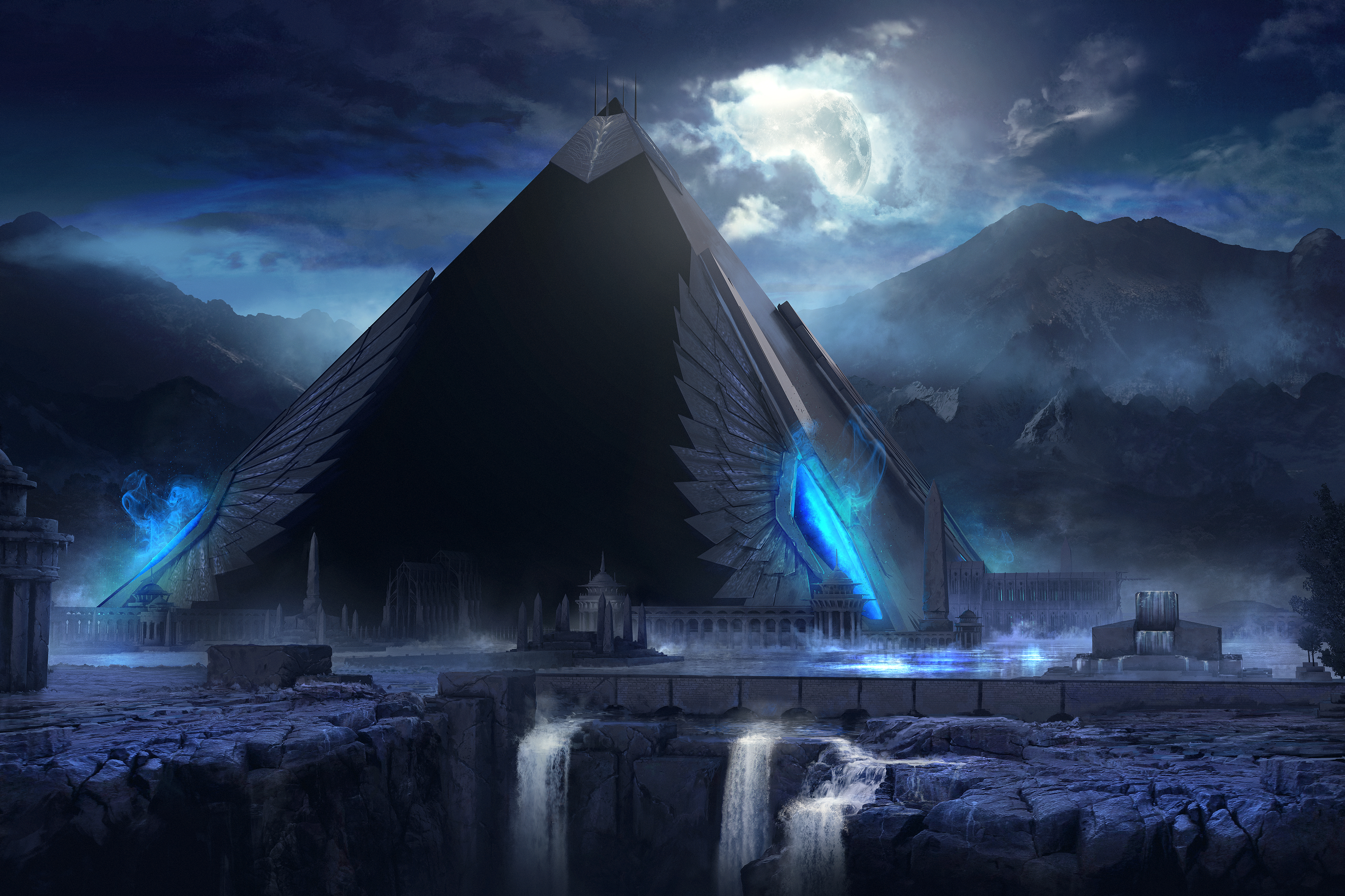 Download mobile wallpaper Fantasy, Night, Moon, Building, Pyramid, Egyptian for free.