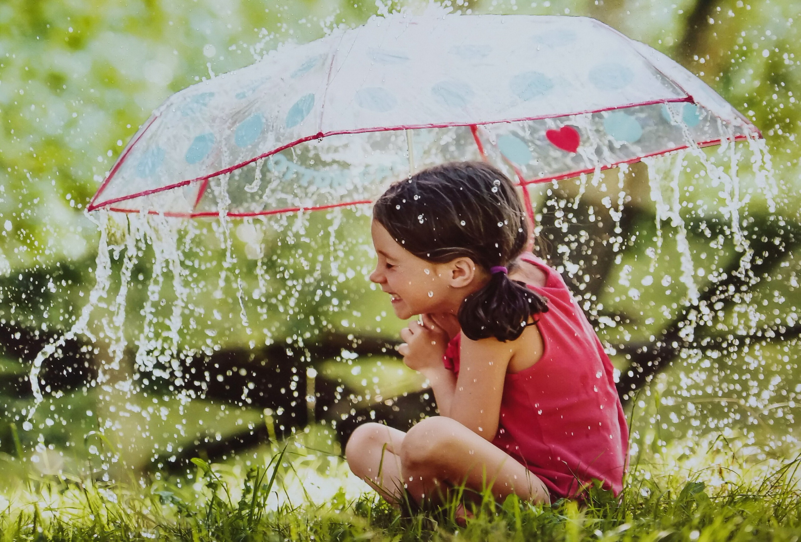 Free download wallpaper Grass, Rain, Umbrella, Child, Brunette, Photography, Little Girl on your PC desktop