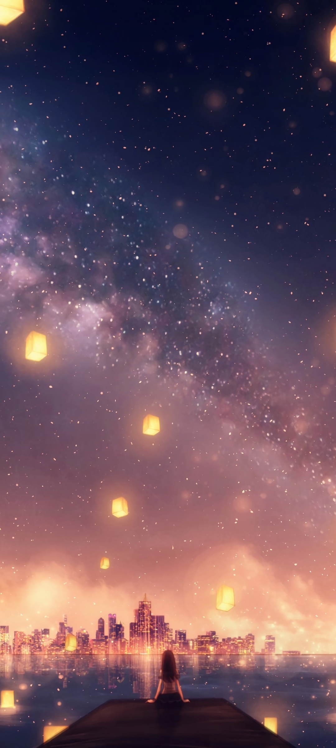 Download mobile wallpaper Anime, Sky, Stars, City, Lantern for free.