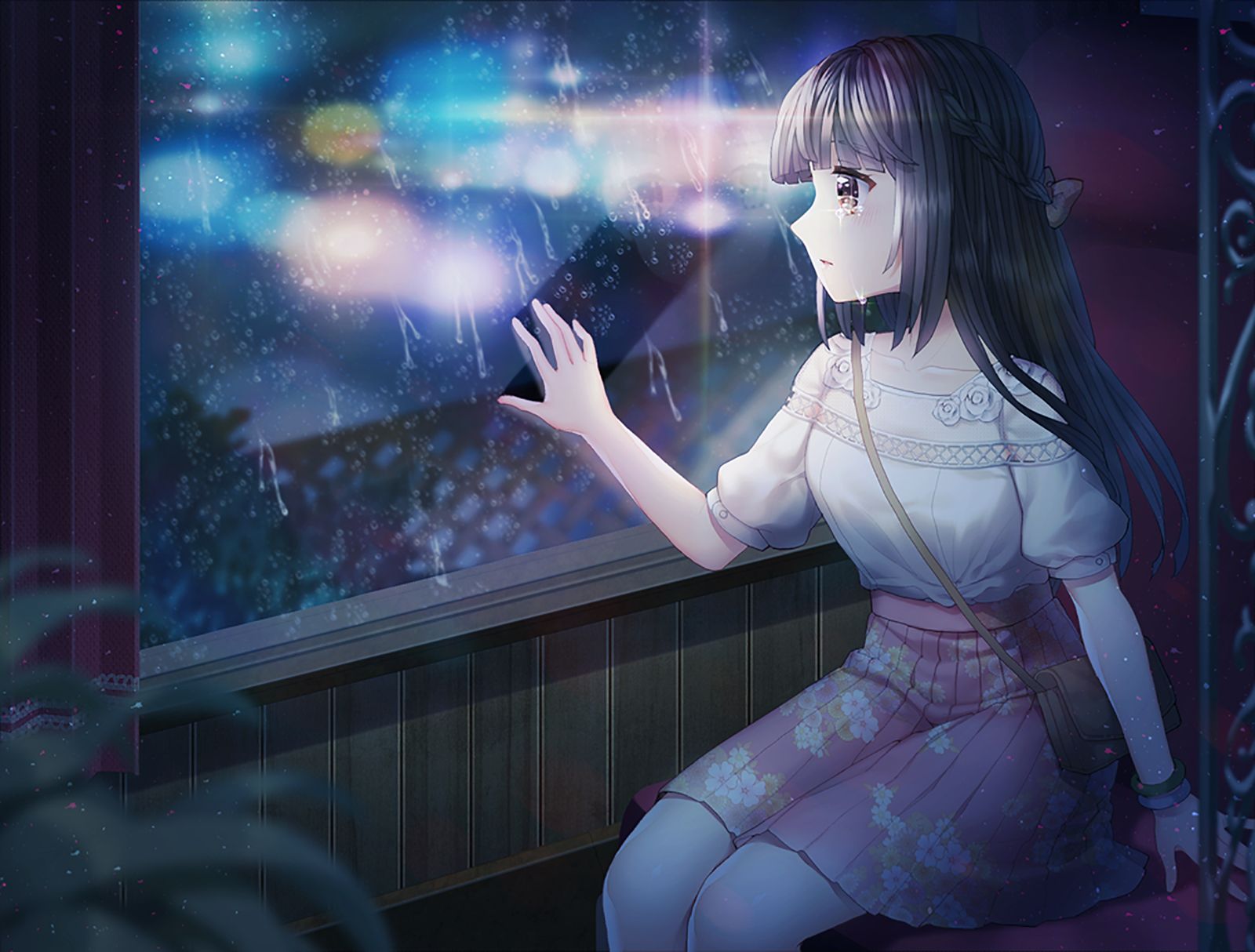 Download mobile wallpaper Anime, Rain, Night, Light, Dress, Original, Black Hair, Long Hair for free.