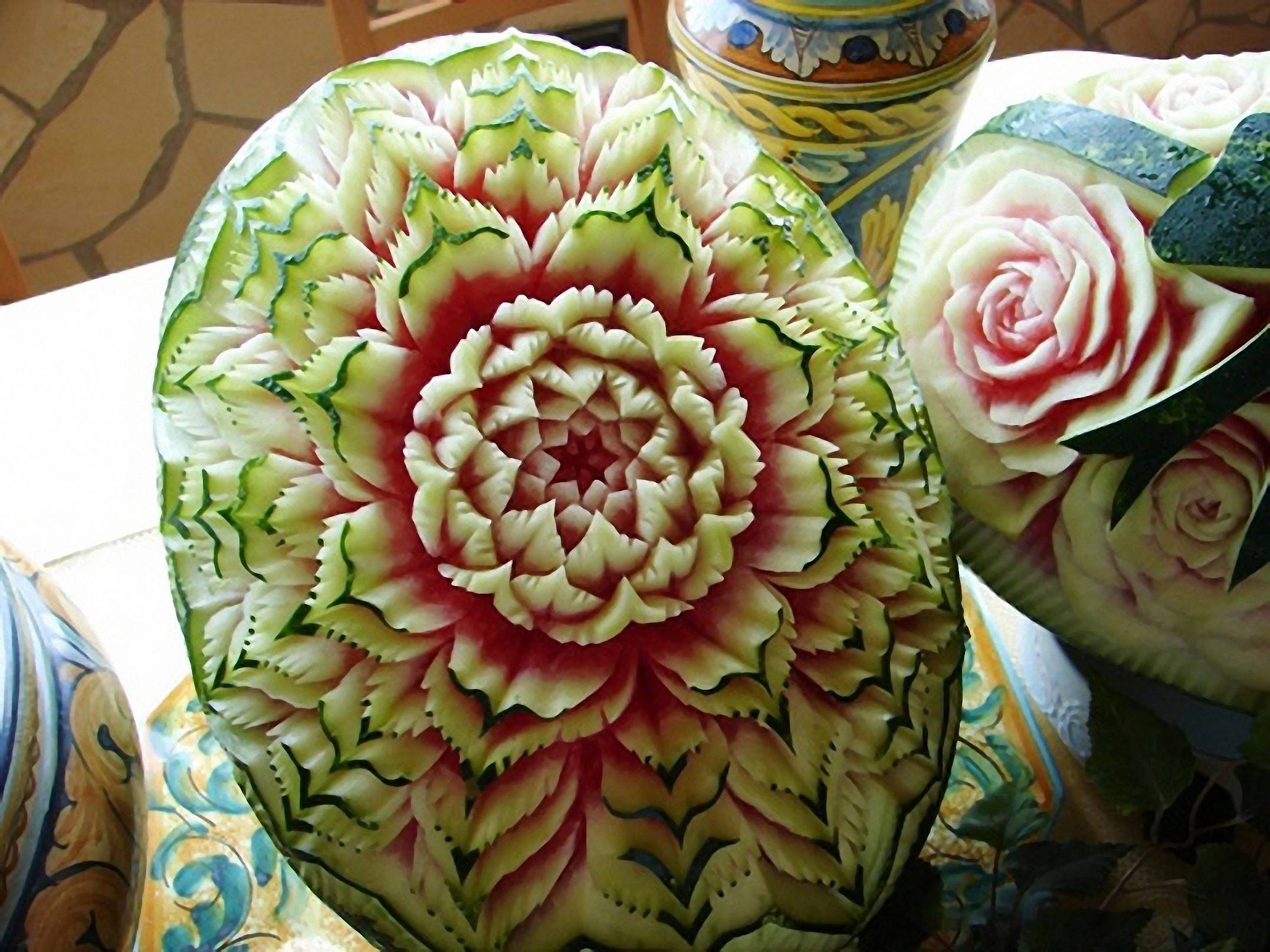 watermelon, food, carving, flower, fruits