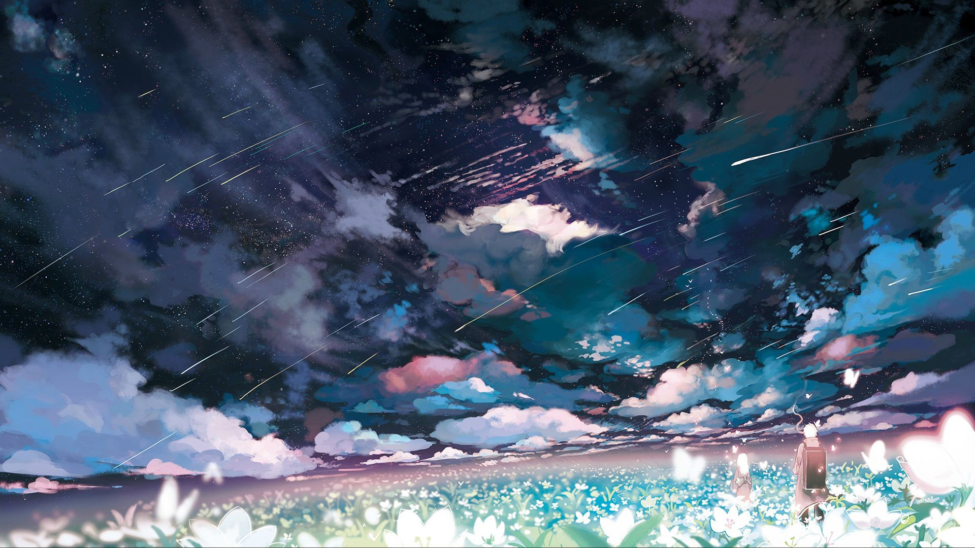 684578 скачать обои ландшафт, падающая звезда, ночь, аниме, мусиши, облака, цветок, гинко (мушиши) - заставки и картинки бесплатно