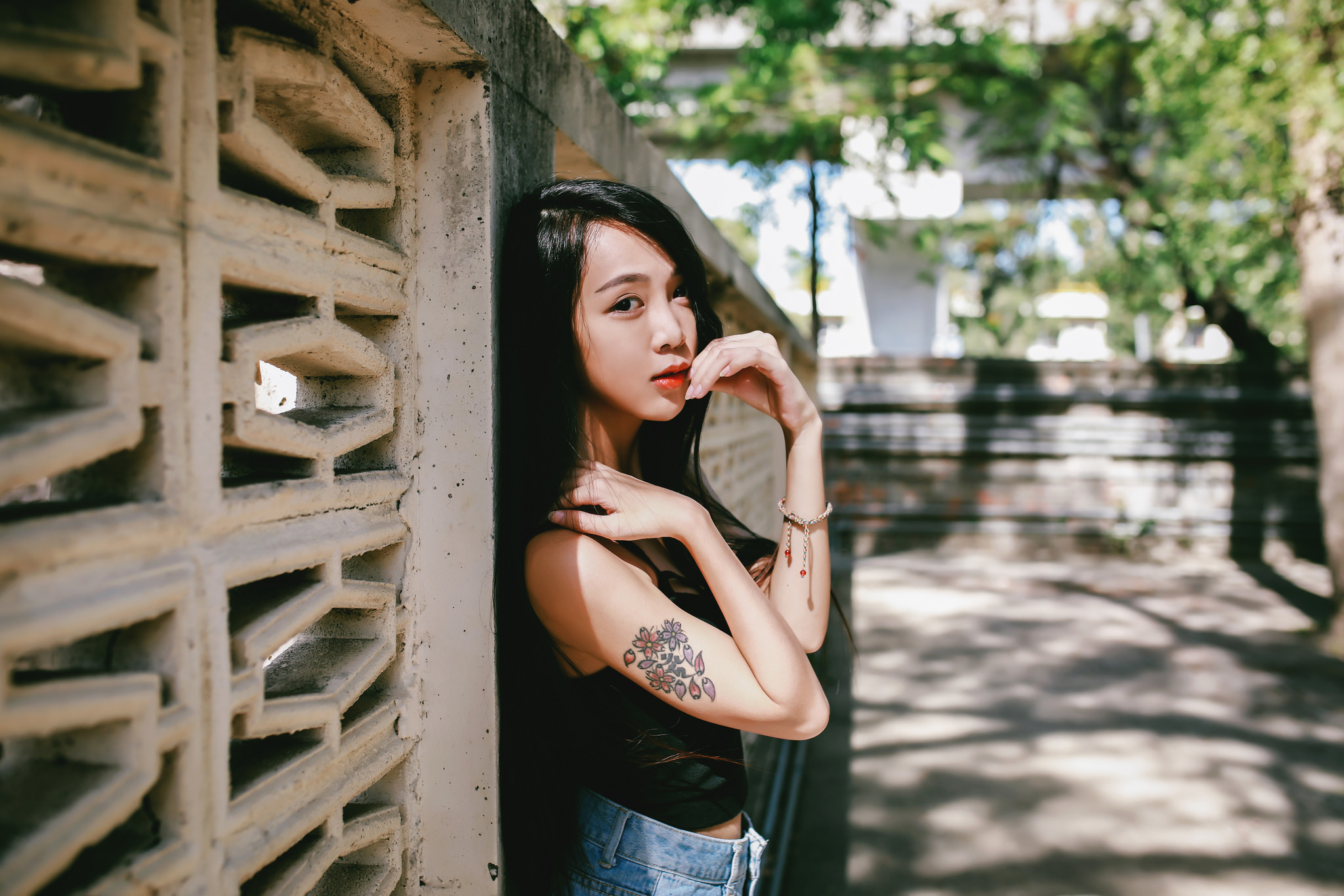 Download mobile wallpaper Tattoo, Model, Women, Asian, Black Hair, Long Hair, Lipstick, Depth Of Field for free.