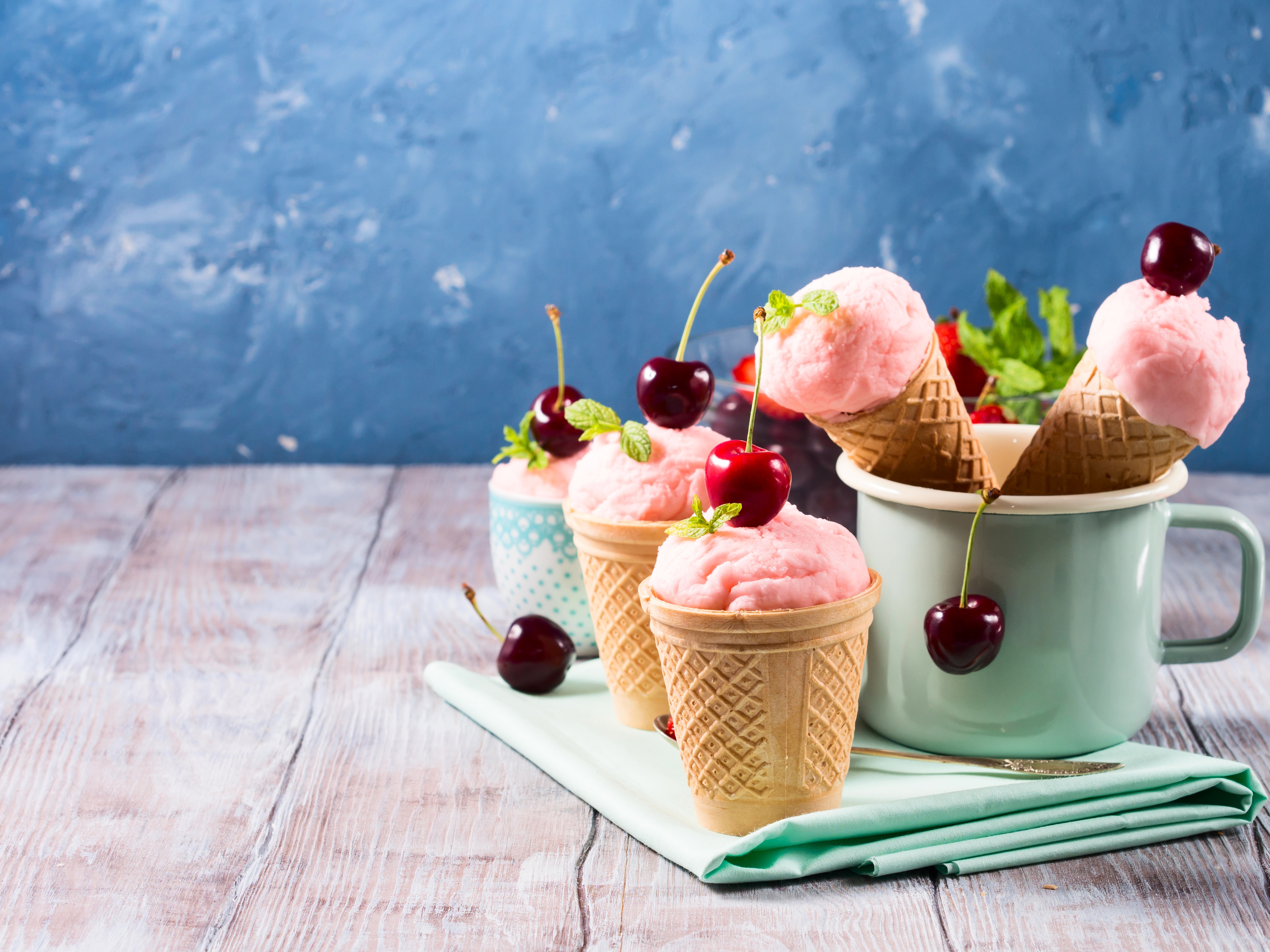 Download mobile wallpaper Food, Cherry, Ice Cream, Still Life, Waffle Cone for free.
