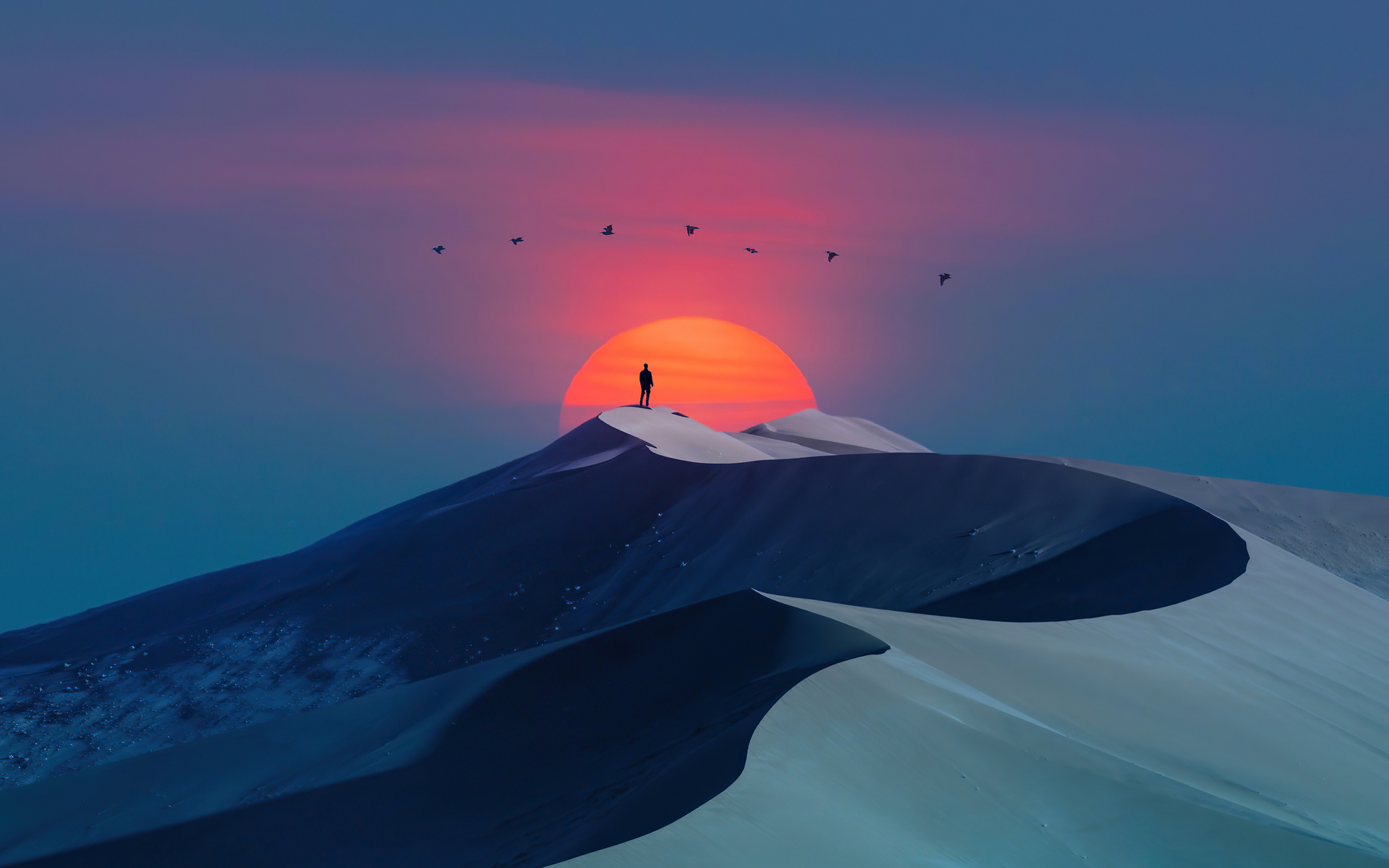 Download mobile wallpaper Desert, Sunrise, Dune, Artistic for free.