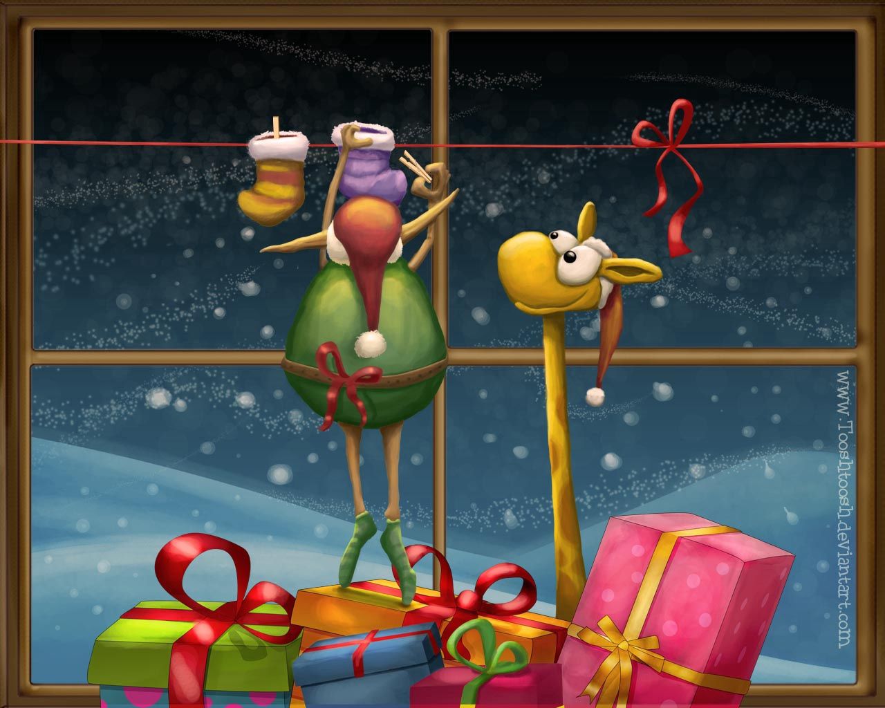 Скачати мобільні шпалери Жираф, Подарунки, Вікно, Свята, Різдво, Новий Рік безкоштовно.
