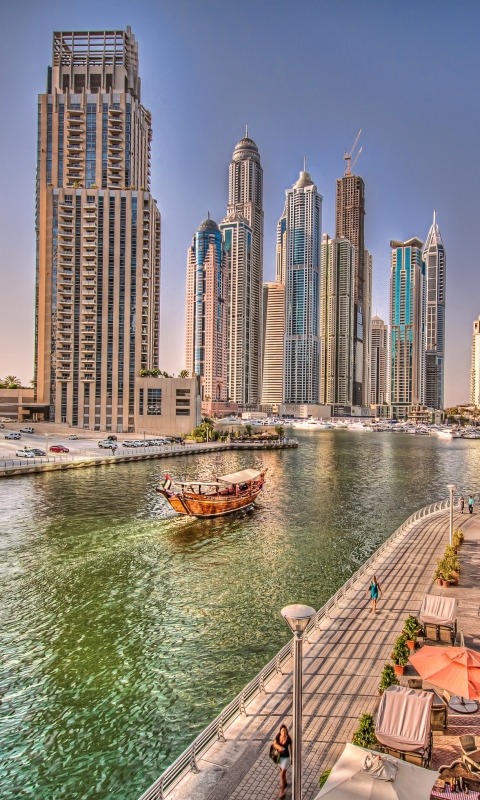 Baixar papel de parede para celular de Cidades, Arranha Céu, Dubai, Barco, Canal, Feito Pelo Homem, Marina De Dubai gratuito.