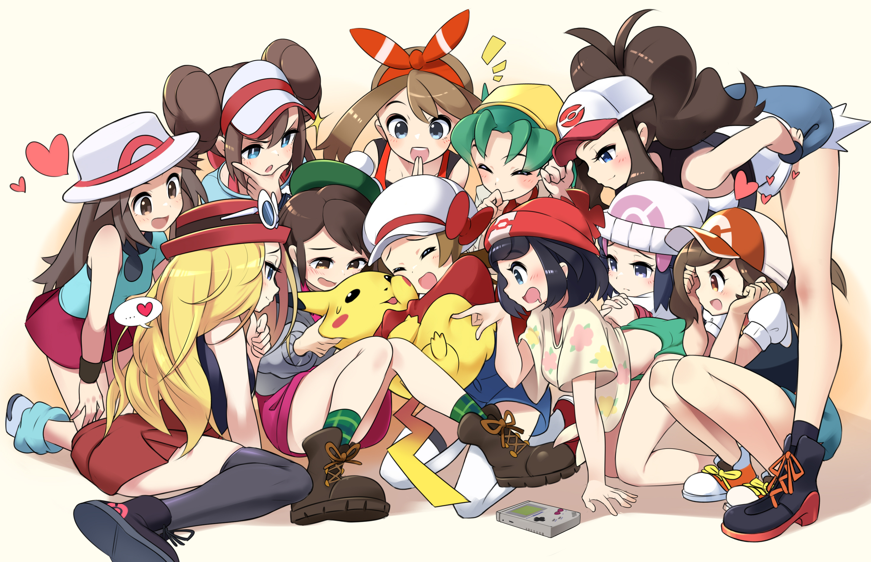 gloria (pokémon), anime, pokémon, dawn (pokémon), elaine (pokémon), hilda (pokémon), kris (pokémon), leaf (pokémon), lyra (pokemon), may (pokémon), pikachu, rosa (pokemon), selene (pokémon), serena (pokémon)