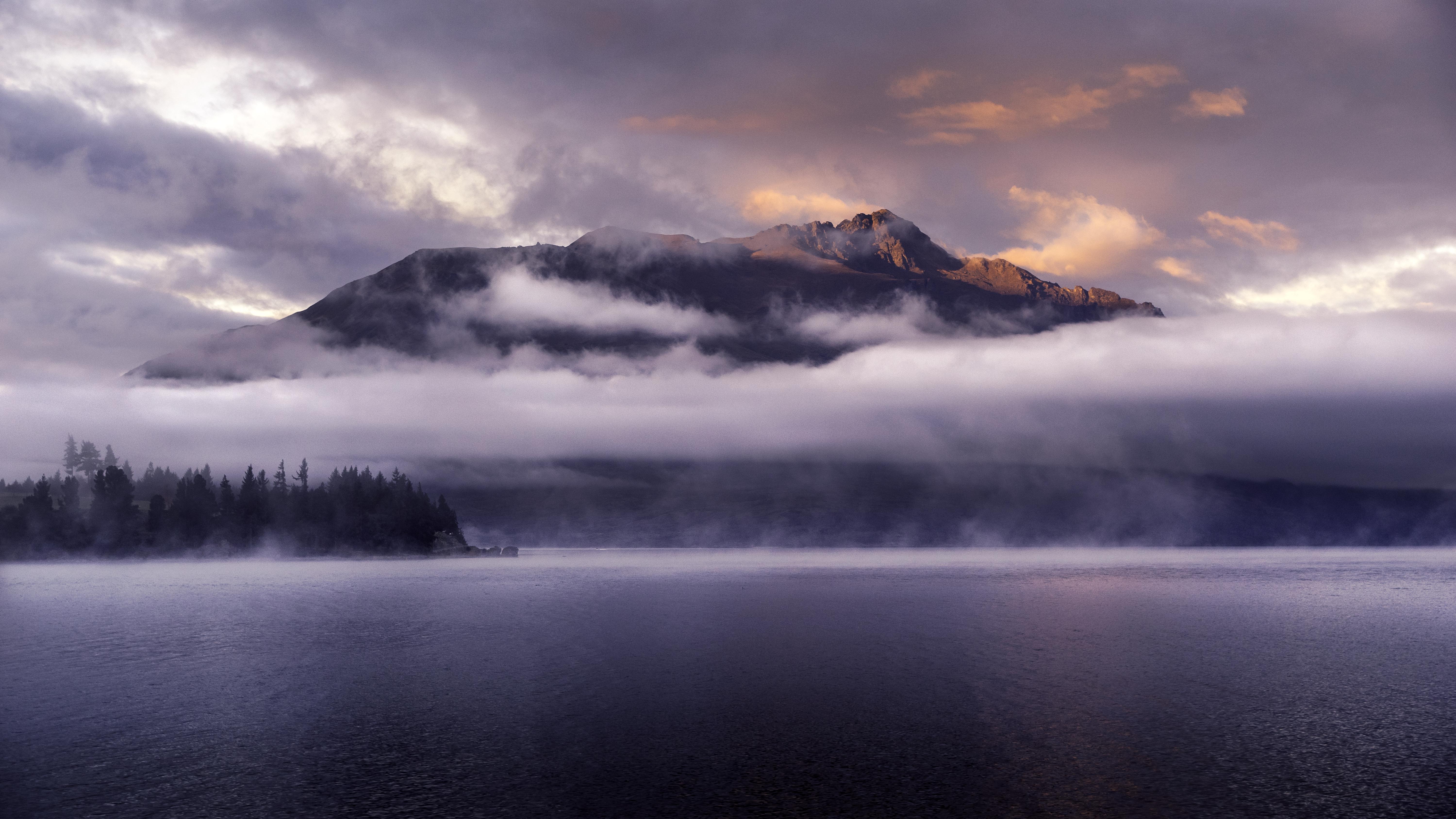 new zealand, tops, fog, nature, mountains, clouds, vertex, lake, queenstown wallpaper for mobile