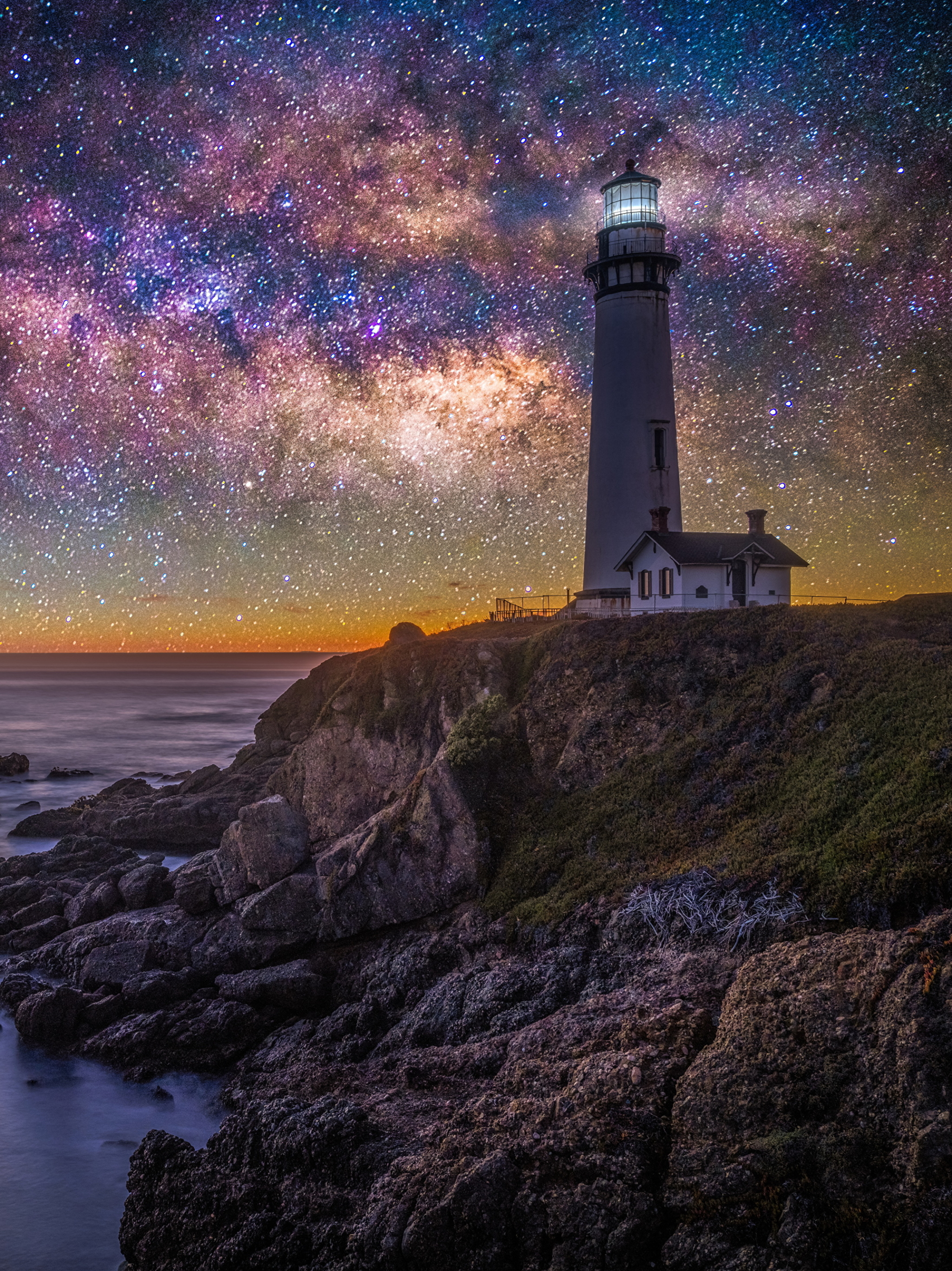 Download mobile wallpaper Night, Starry Sky, Lighthouse, Man Made for free.