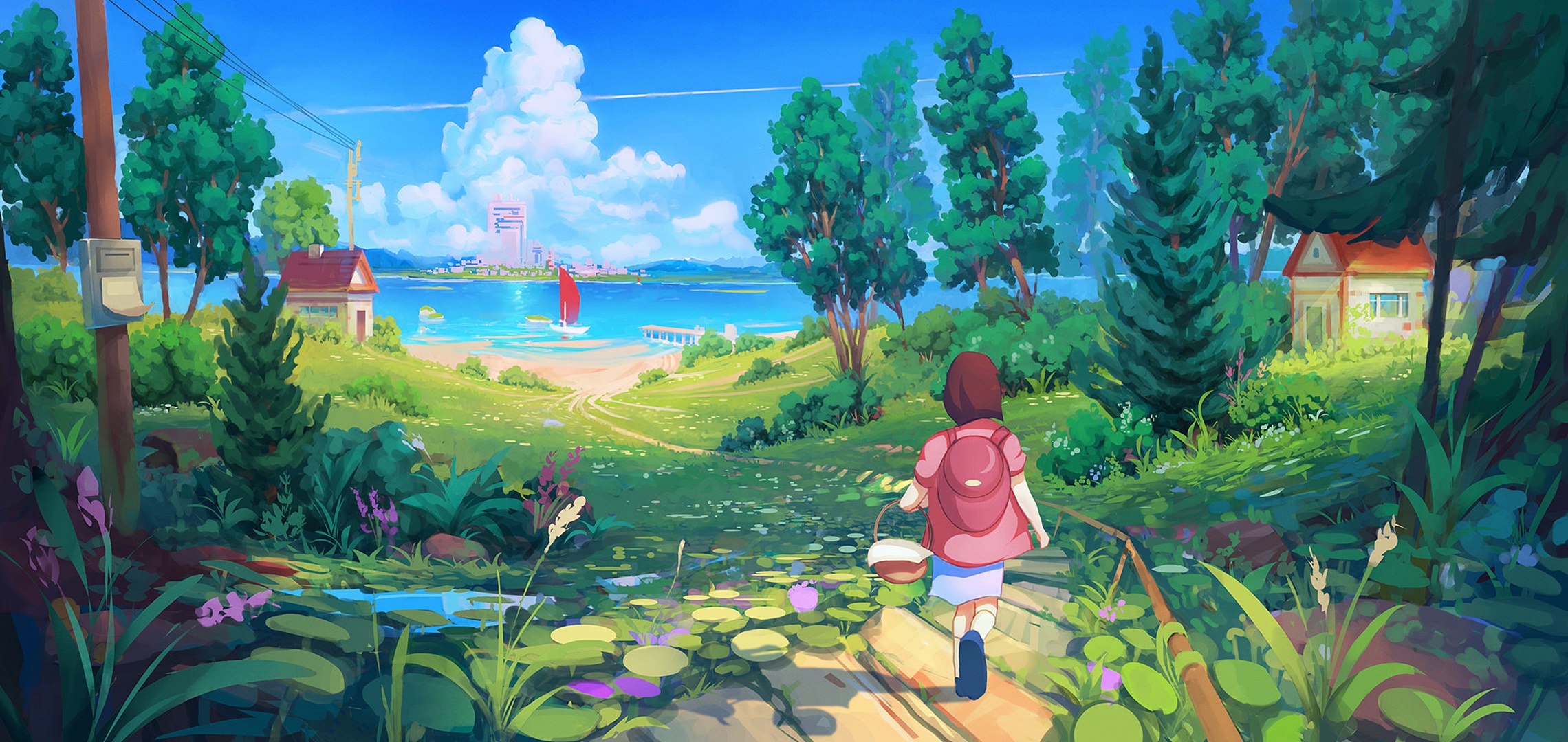 Download mobile wallpaper Anime, Fantasy, Lake, Tree, Spring, Child, Original for free.