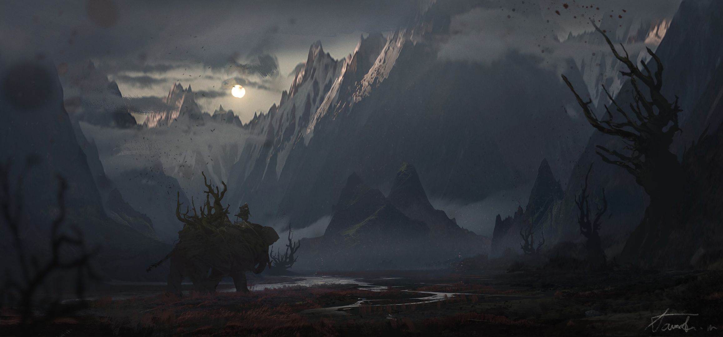 fantasy, landscape, cloud, dark, elephant, fog, moon, mountain