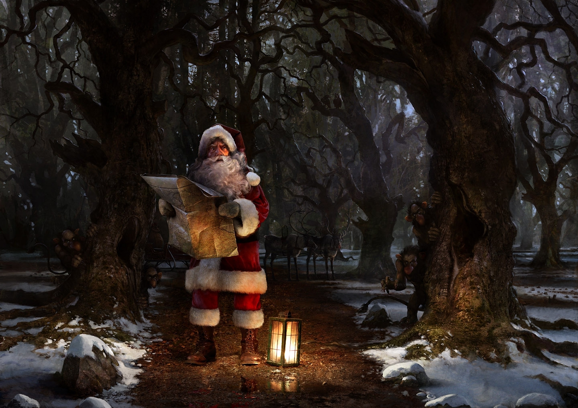 247415 Bild herunterladen weihnachtsmann, feiertage, weihnachten, dunkel, wald, karte, nacht, rentier, troll - Hintergrundbilder und Bildschirmschoner kostenlos