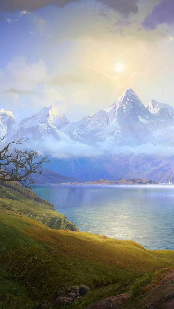 Download mobile wallpaper Landscape, Mountains, Sun, Mountain, Lake, Earth, Cloud for free.