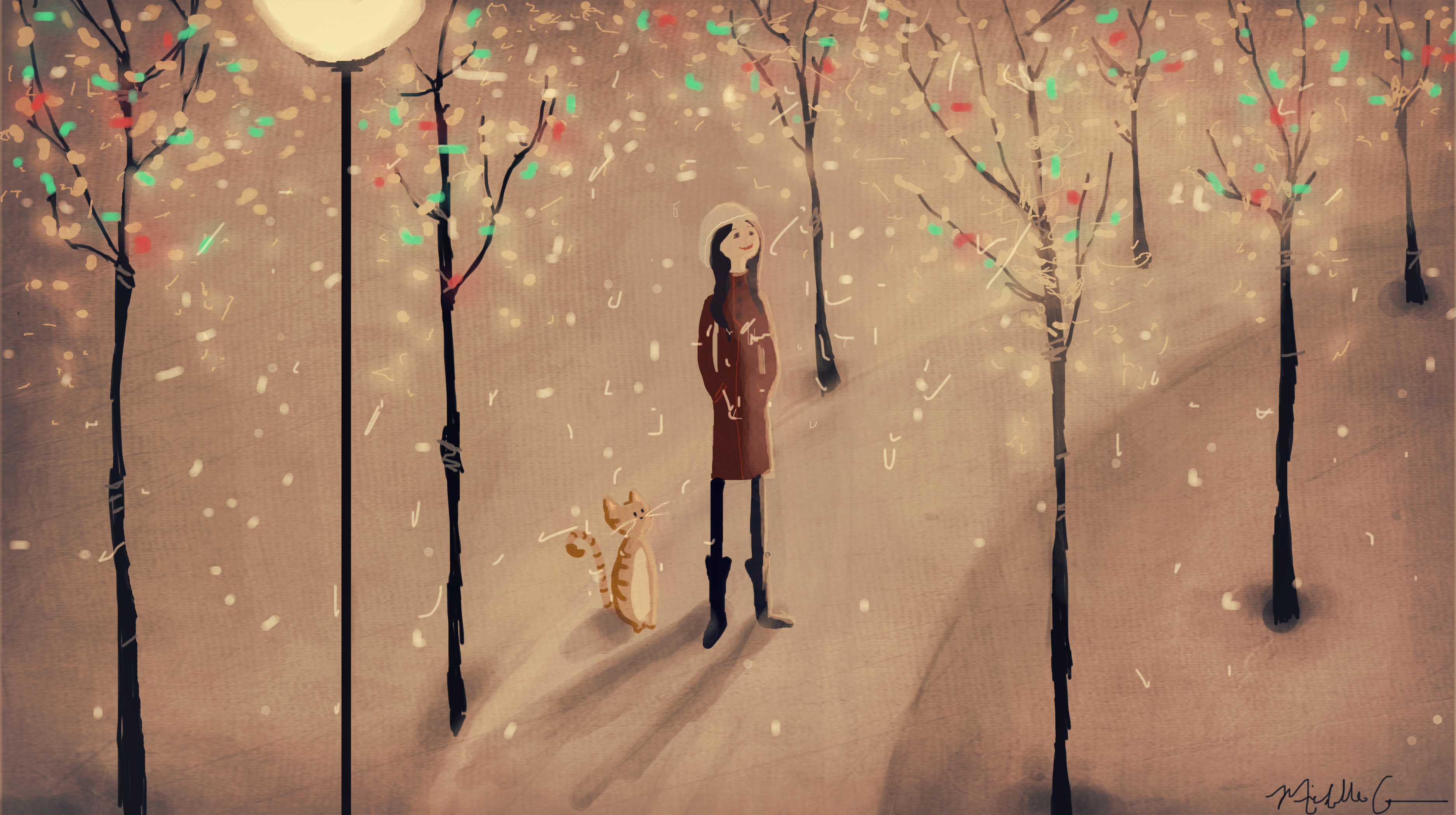 Download mobile wallpaper Winter, Snow, Cat, Tree, Artistic, Women for free.