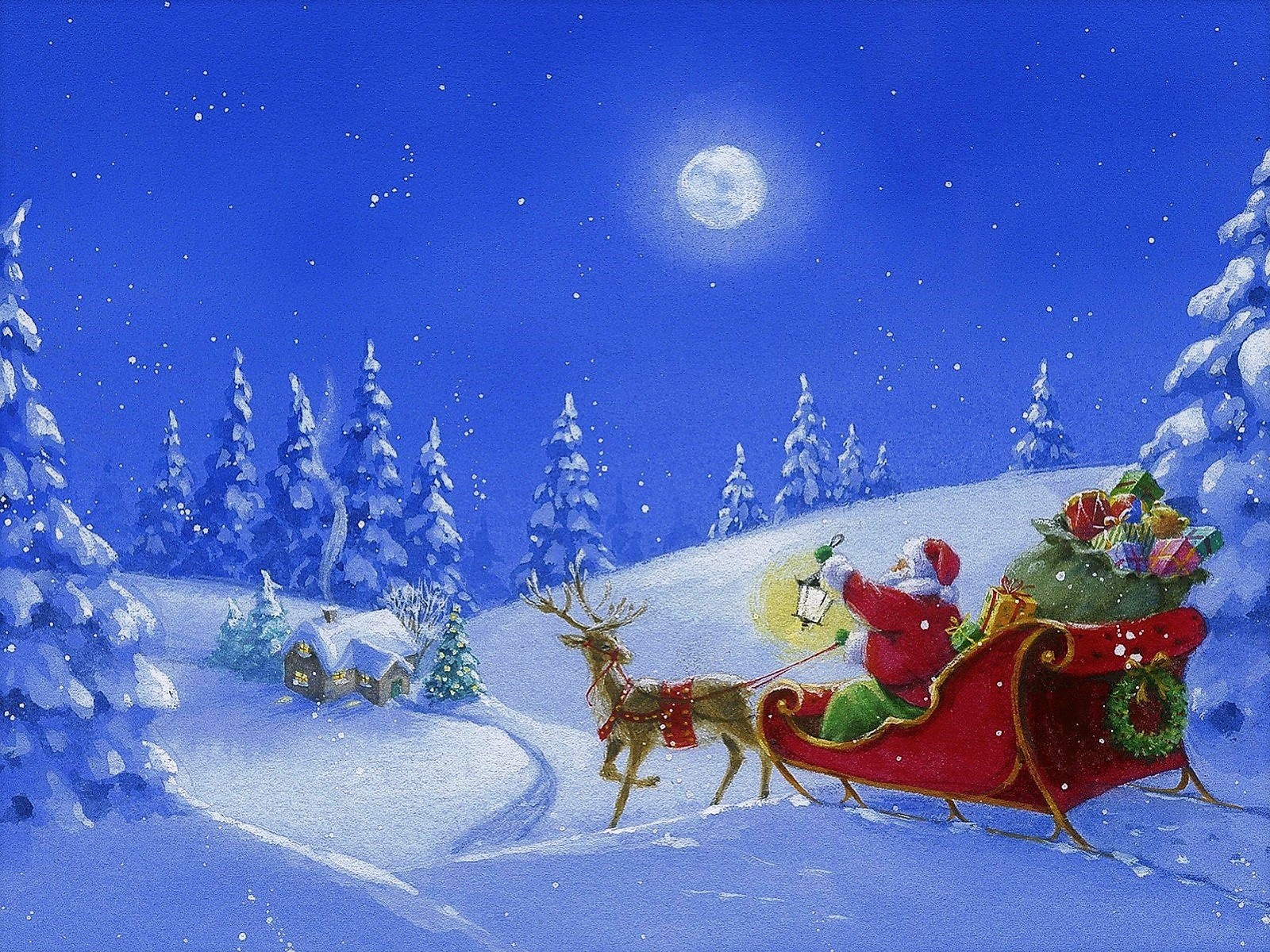 Скачать обои бесплатно Снег, Рождество, Сани, Праздничные, Санта, Северный Олень картинка на рабочий стол ПК