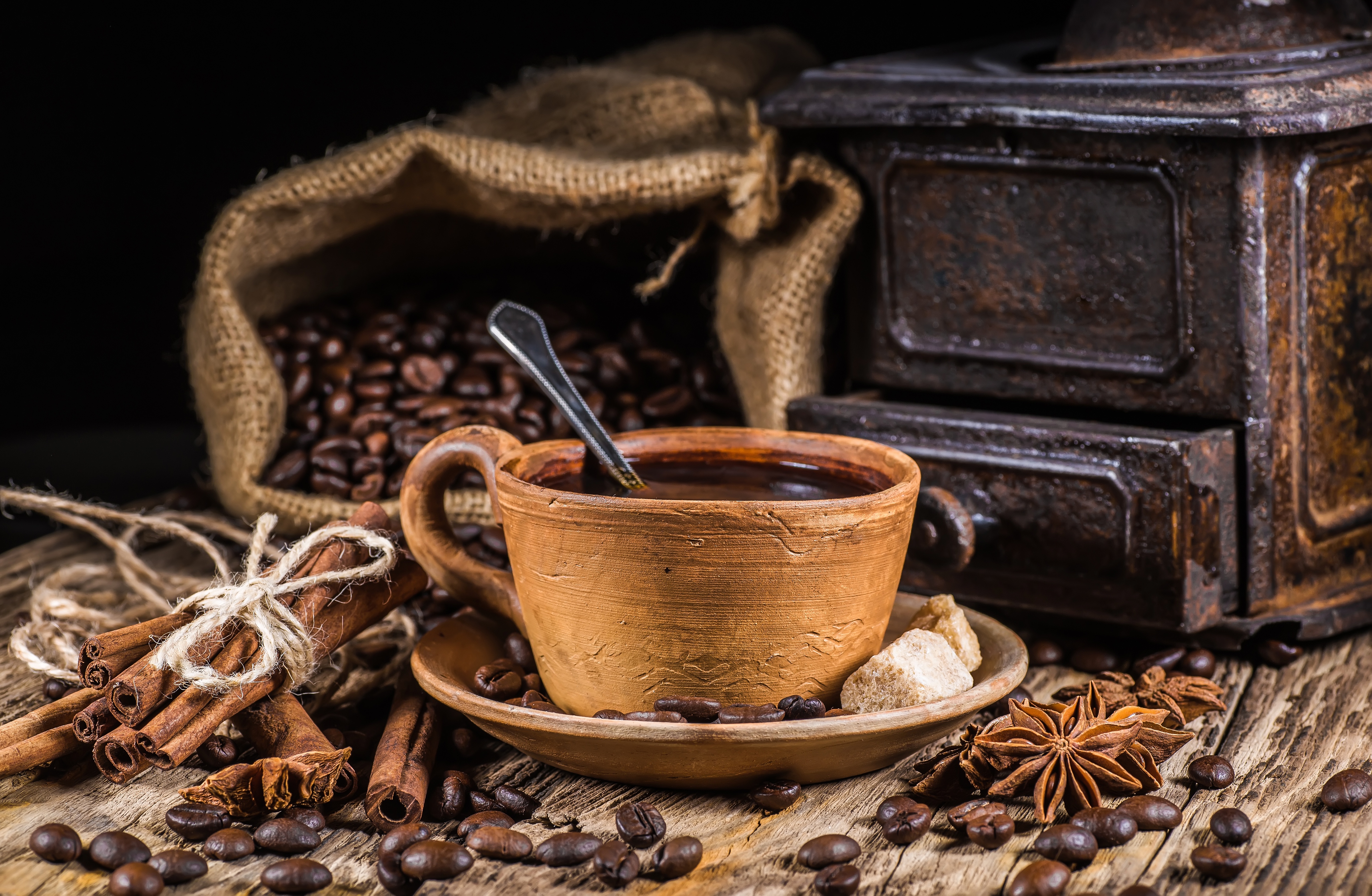 Download mobile wallpaper Food, Coffee, Still Life, Cinnamon, Cup, Coffee Beans, Star Anise for free.