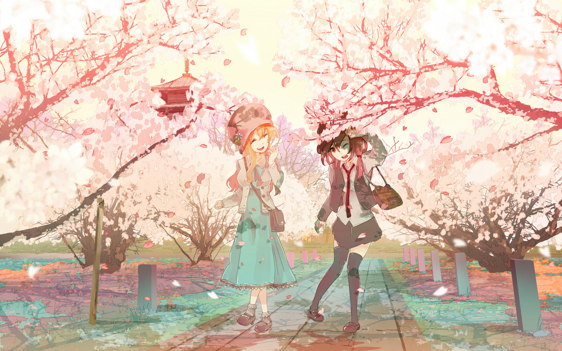 Download mobile wallpaper Anime, Sakura, Blonde, Skirt, Tie, Video Game, Touhou, Short Hair, Aya Shameimaru, Marisa Kirisame, Sakura Blossom for free.