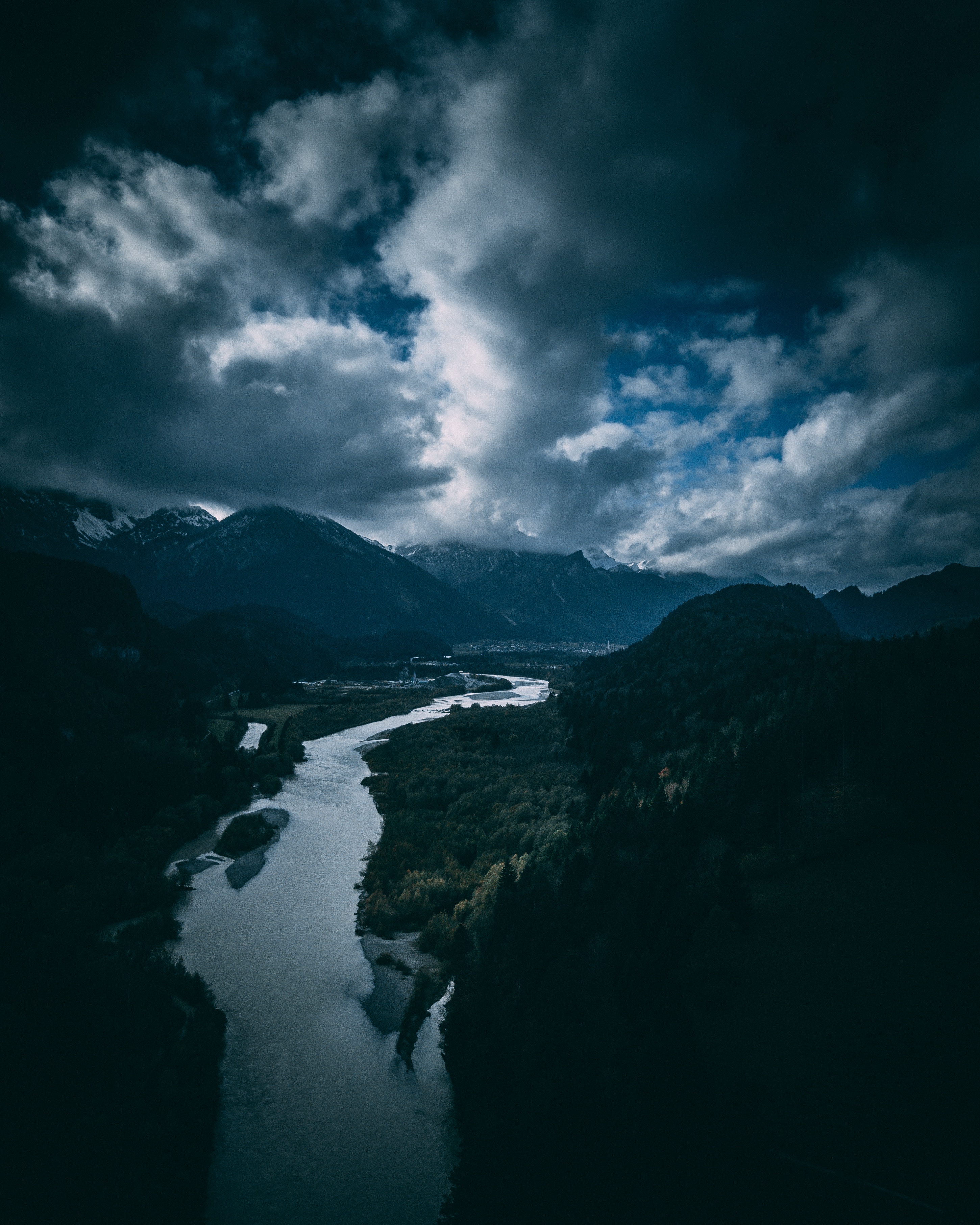 germany, trees, sky, clouds, nature, rivers, mountains, view from above