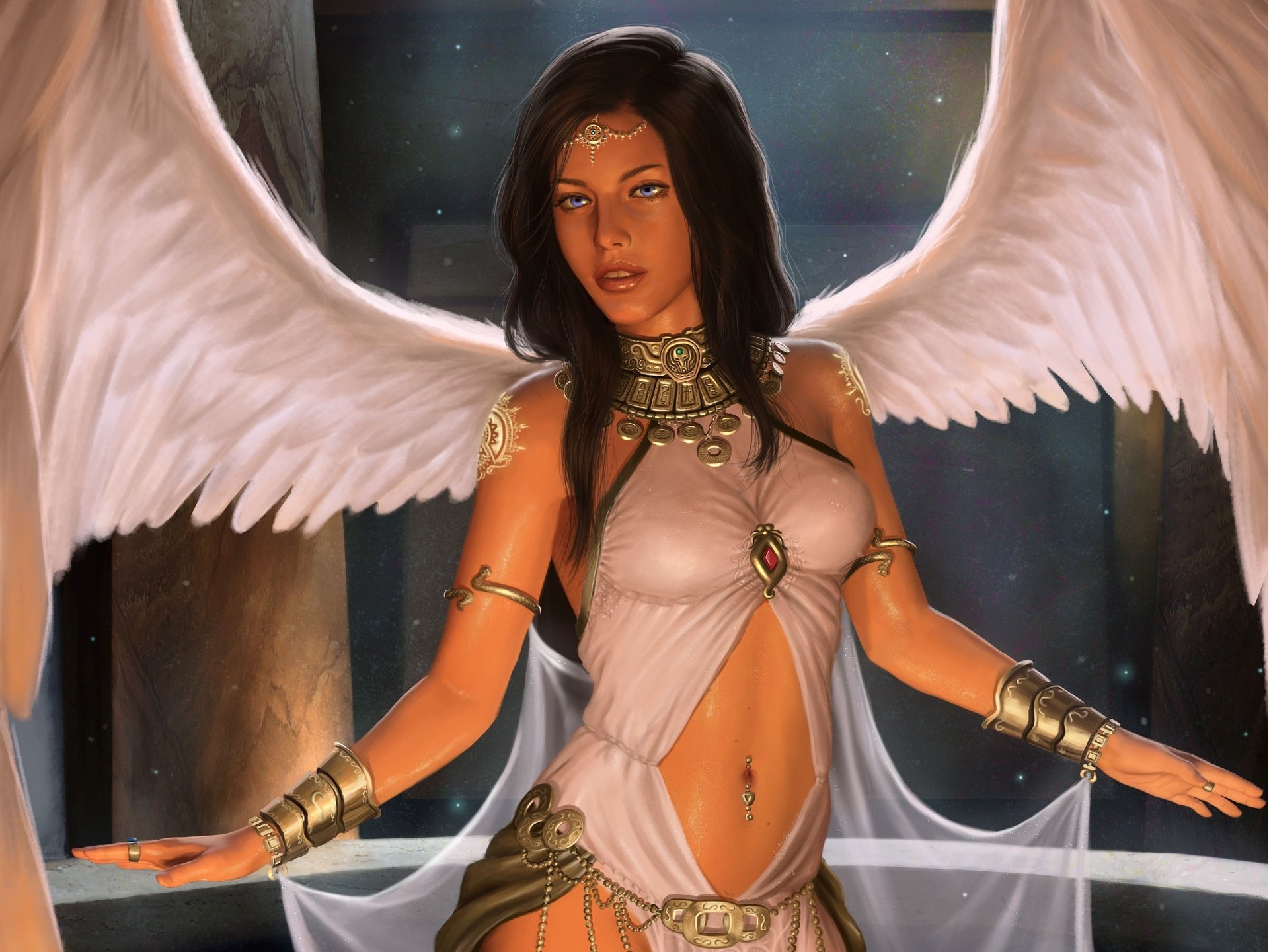 Free download wallpaper Fantasy, Wings, Angel, Blue Eyes, Black Hair on your PC desktop