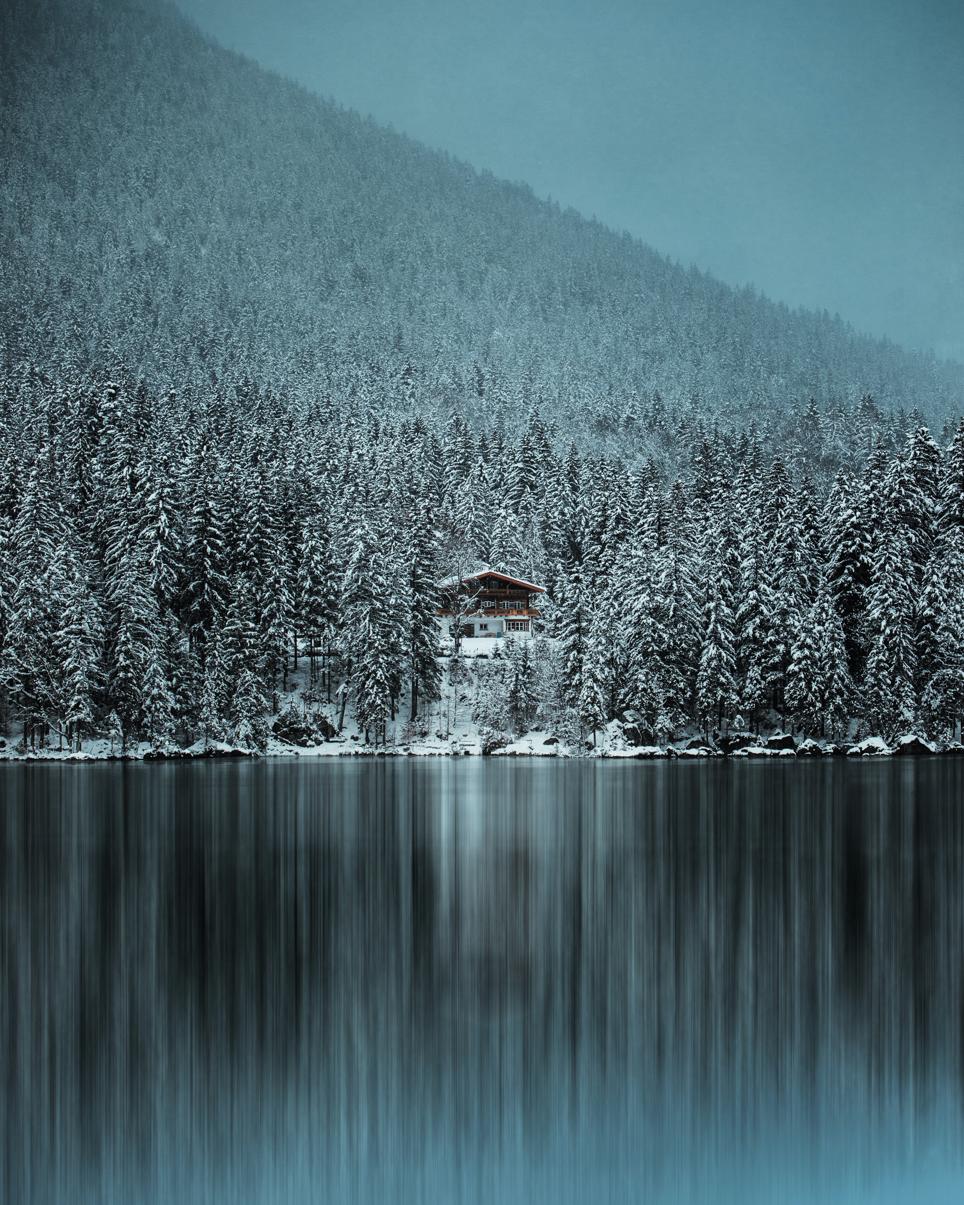 Free download wallpaper Winter, Nature, Lake, Trees, Snow, Forest, Lodge, Small House on your PC desktop