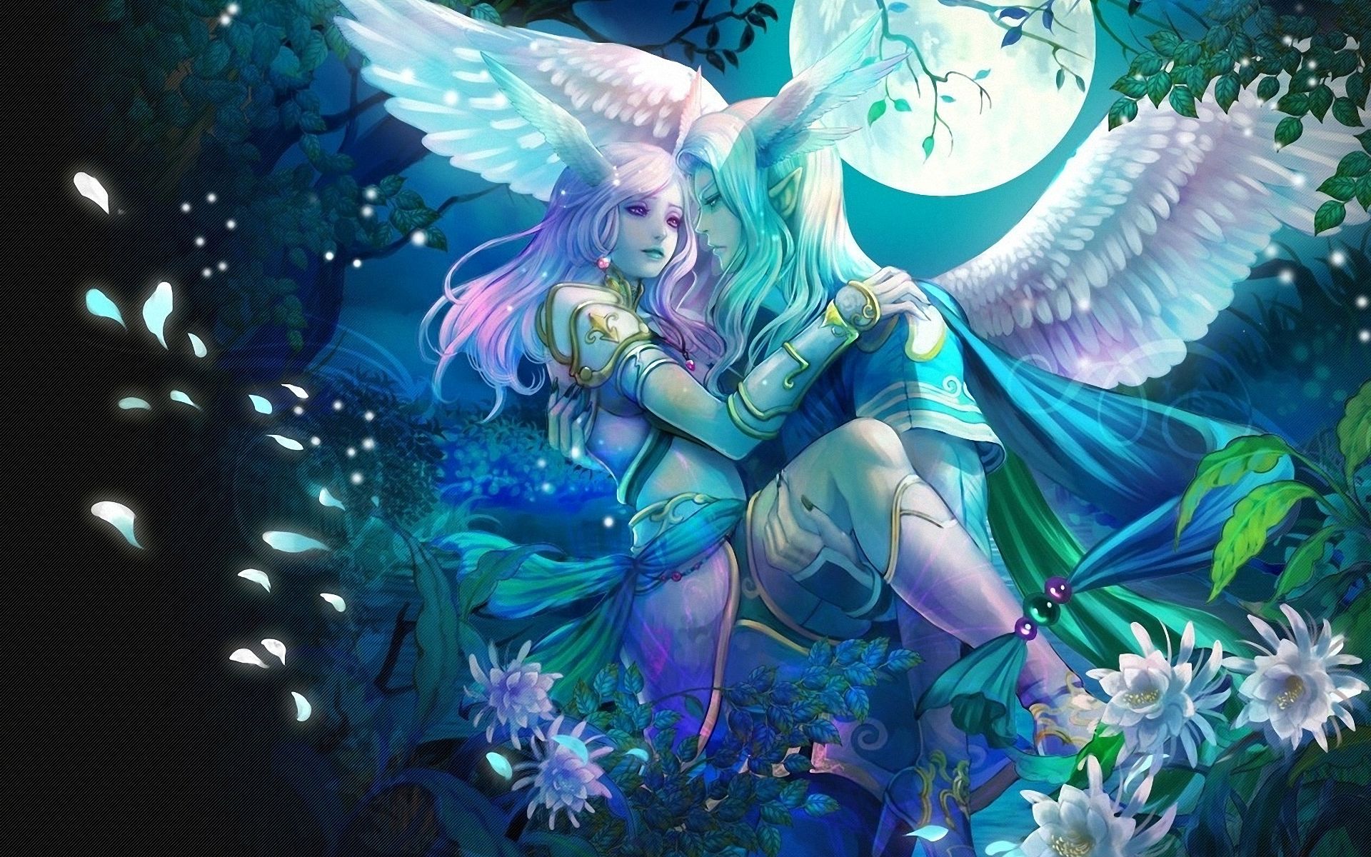 Download mobile wallpaper Fantasy, Moon, Love, Wings, Angel, Pink Hair, Video Game, White Hair, Perfect World for free.