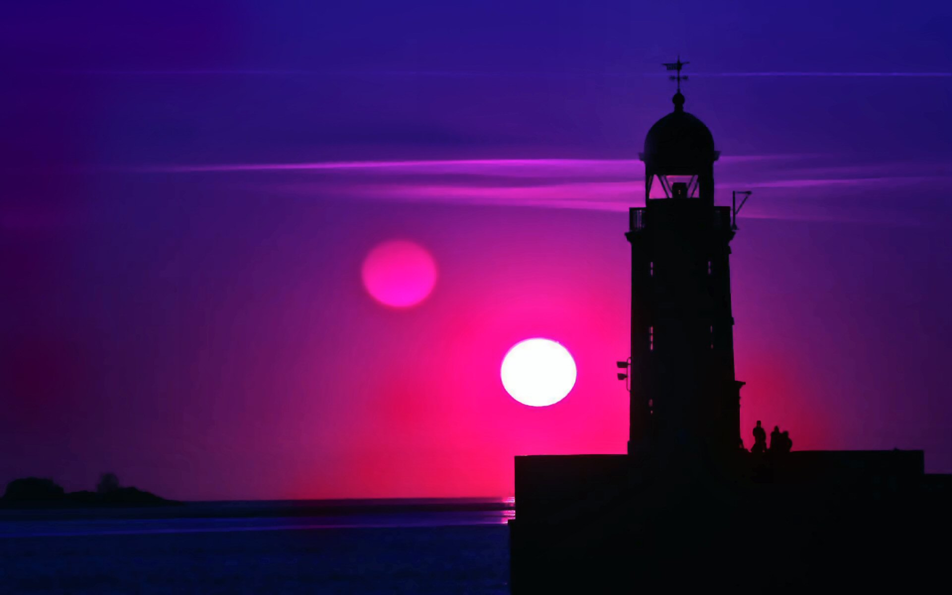 lighthouse, photography, sunset, blue, horizon, magenta, sea, sky, sun