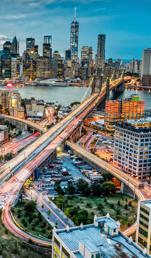 Download mobile wallpaper Cities, Architecture, Skyscraper, Building, Road, Bridge, Panorama, Cityscape, New York, Freeway, Man Made for free.