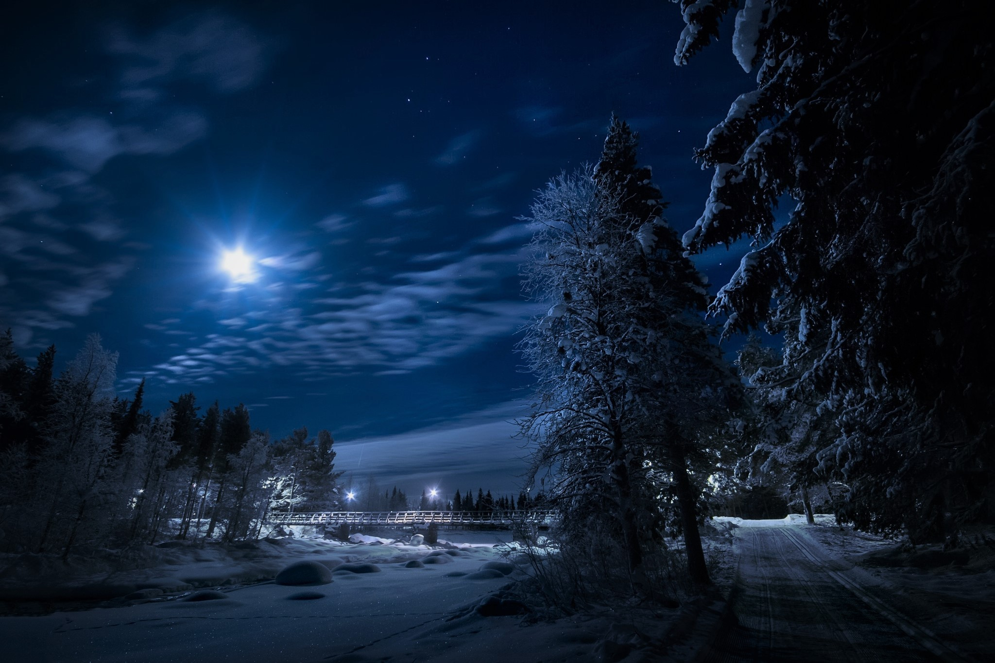 Download mobile wallpaper Winter, Night, Snow, Road, Forest, Photography for free.