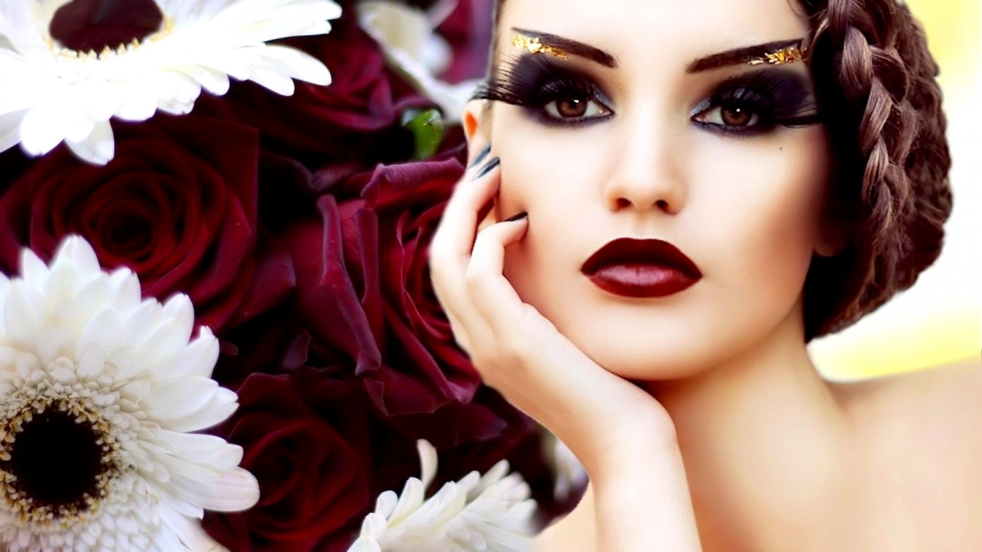 Laden Sie das Blume, Gesicht, Bilden, Frauen, Braune Augen, Lippenstift-Bild kostenlos auf Ihren PC-Desktop herunter