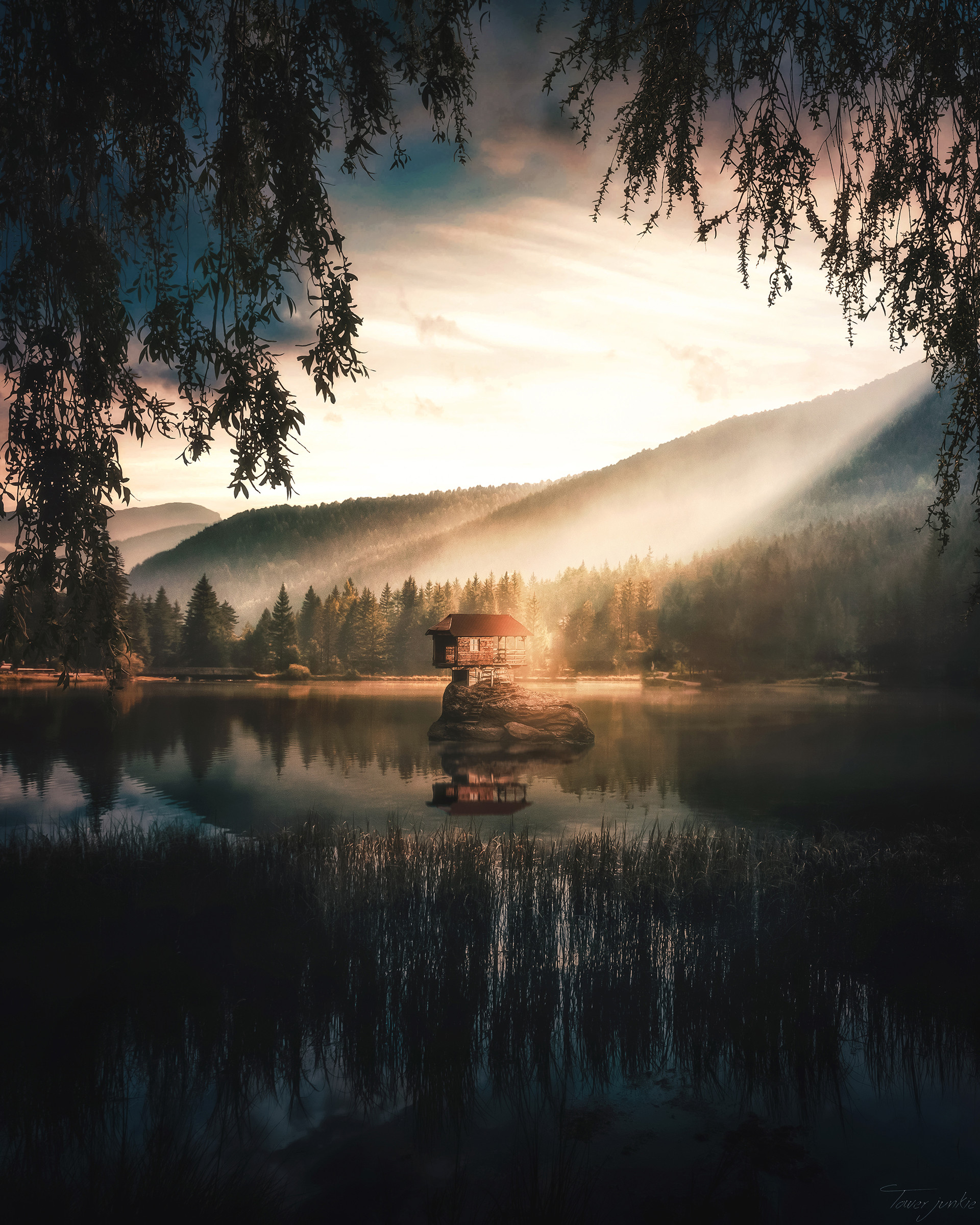 Download mobile wallpaper Forest, Fog, House, Lake, Nature, Island for free.