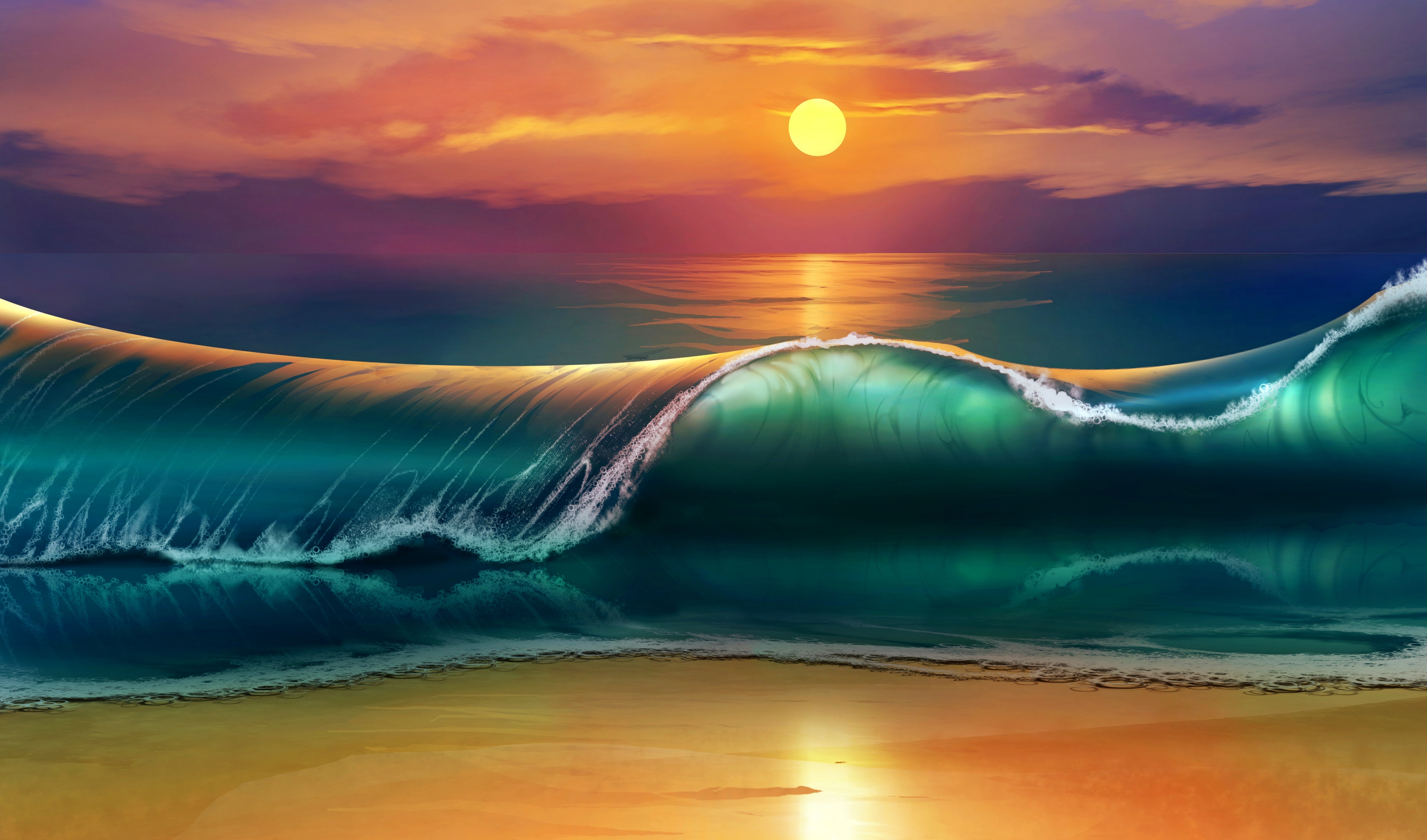 sea, art, sunset, waves, beach Desktop Wallpaper