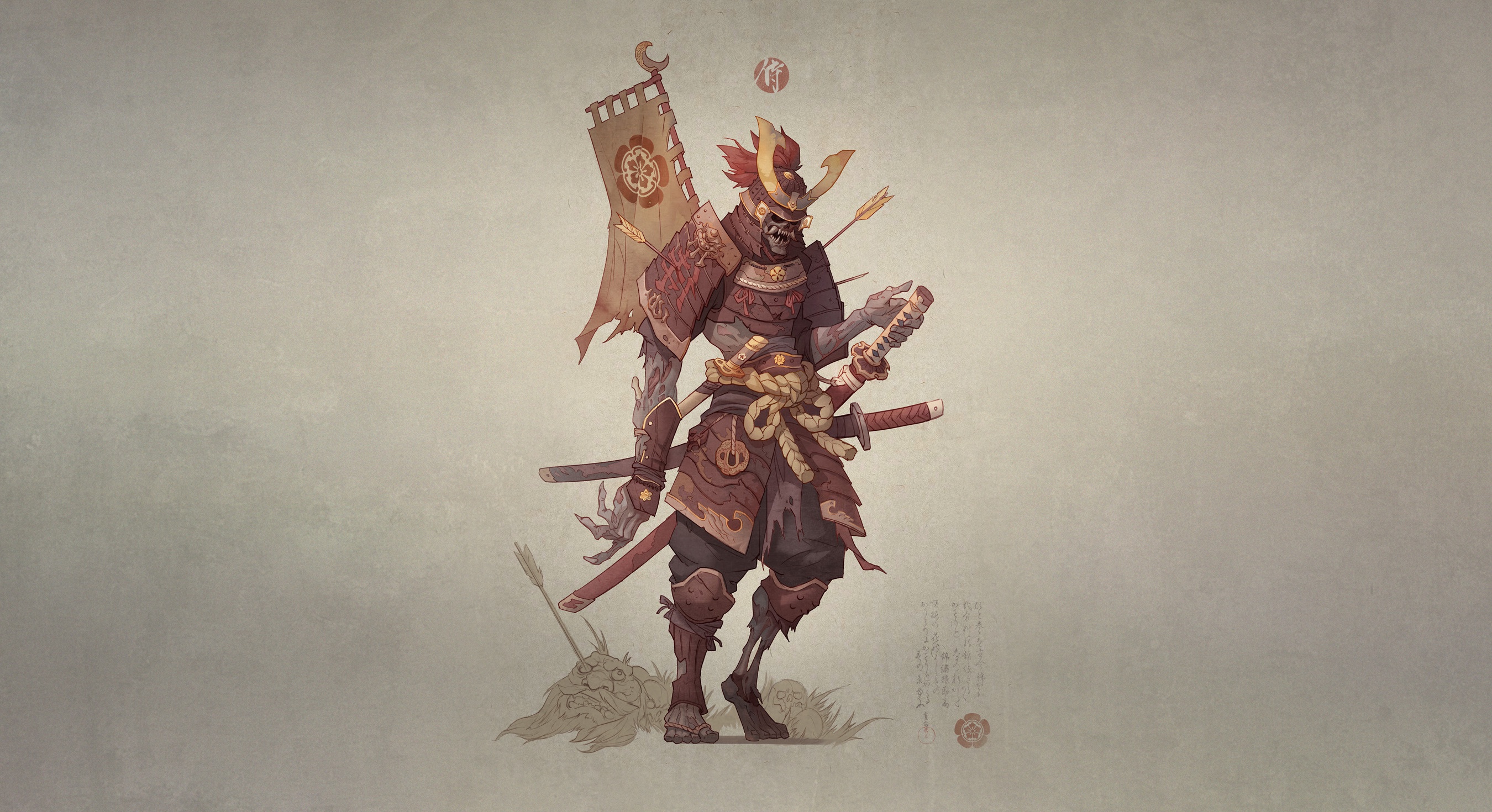 samurai, fantasy, armor, banner, katana, sword, undead, warrior