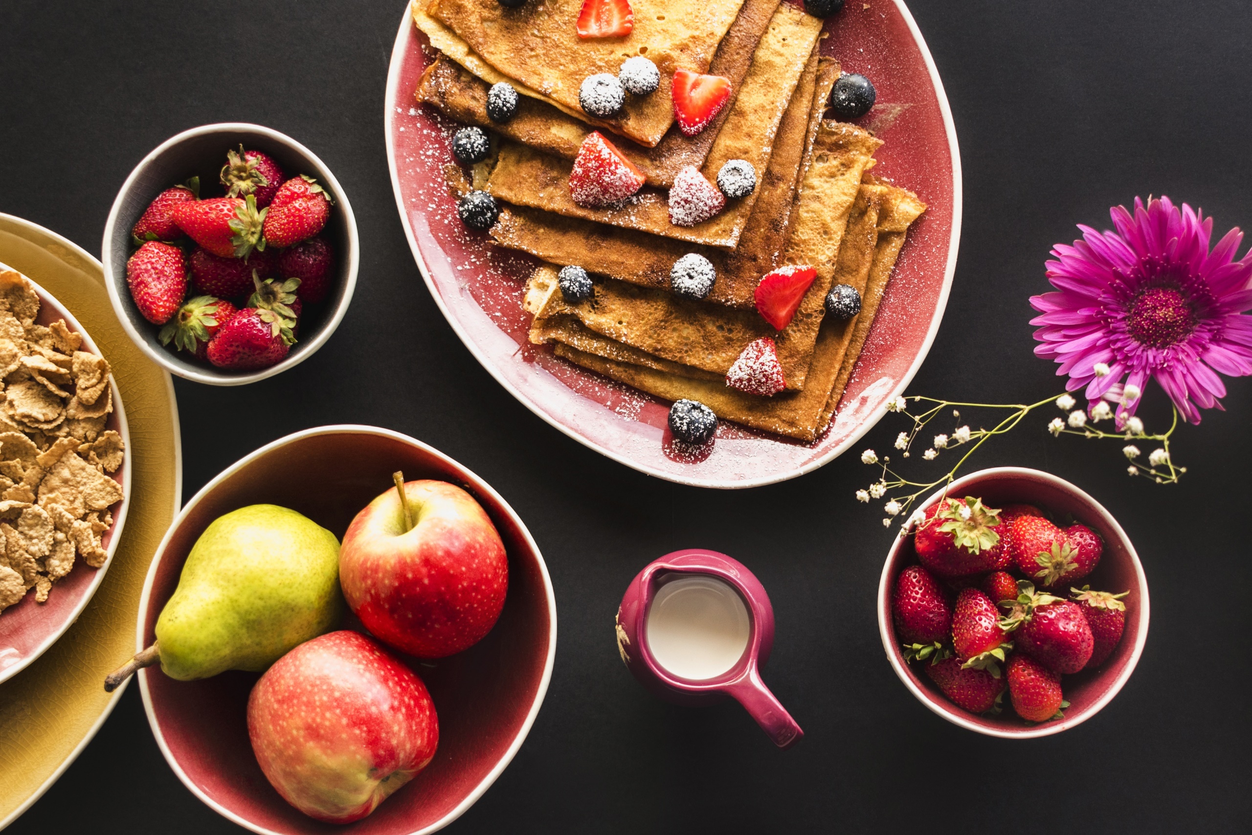 Free download wallpaper Food, Strawberry, Apple, Still Life, Fruit, Breakfast, Crêpe on your PC desktop