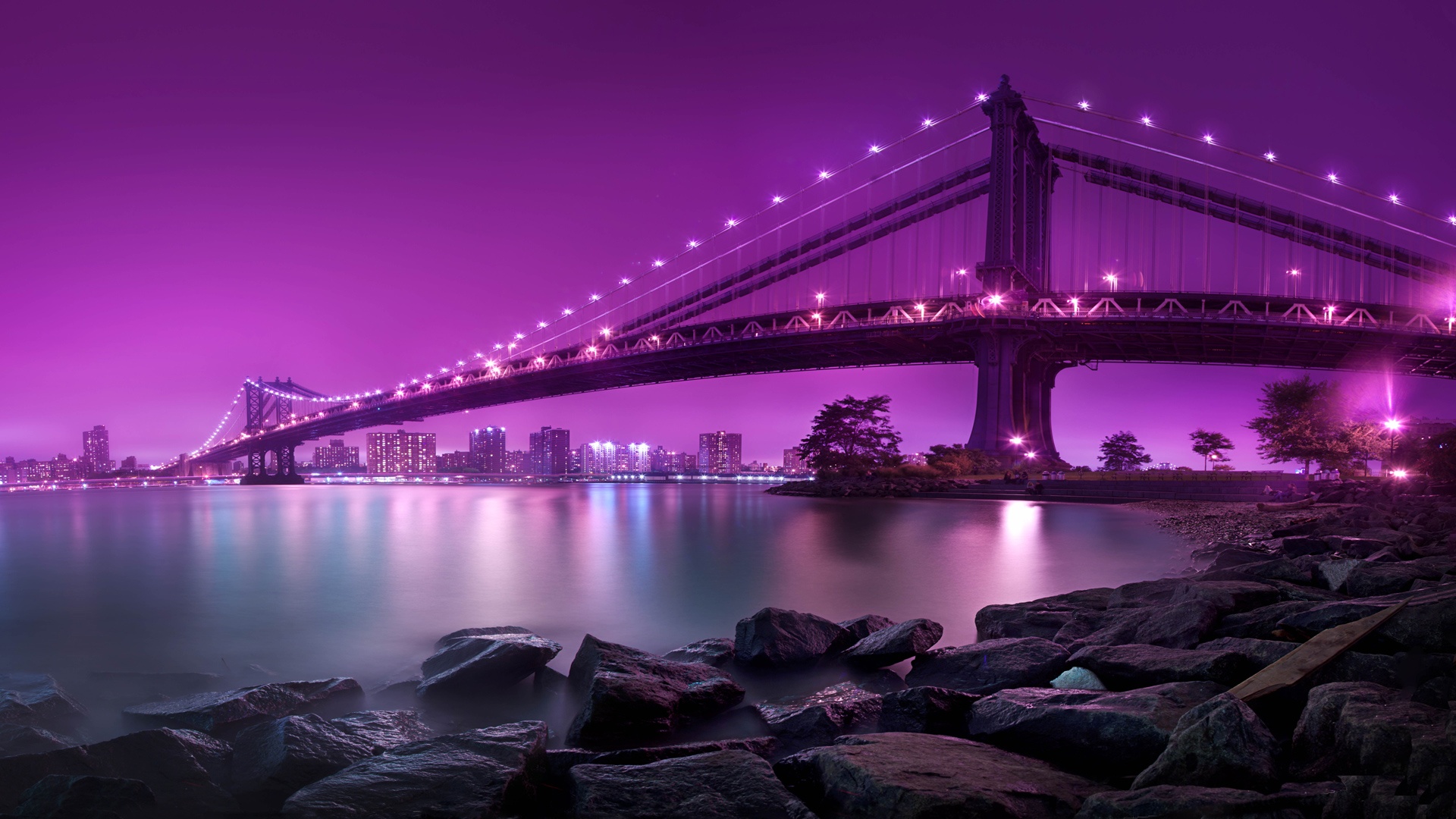 Скачать обои бесплатно Вода, Река, Мост, Манхэттенский Мост, Пурпурный, Сделано Человеком картинка на рабочий стол ПК