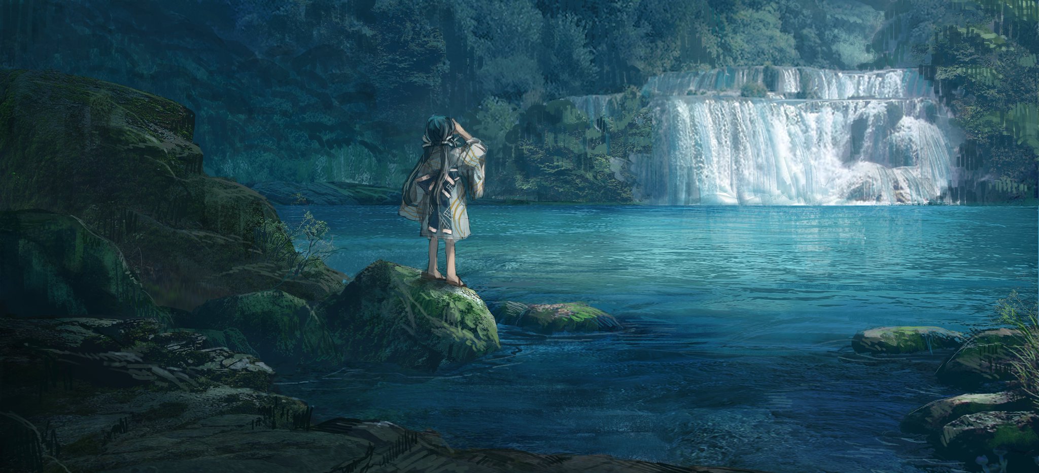 Laden Sie das See, Wasserfall, Original, Animes, Japanische Kleidung-Bild kostenlos auf Ihren PC-Desktop herunter