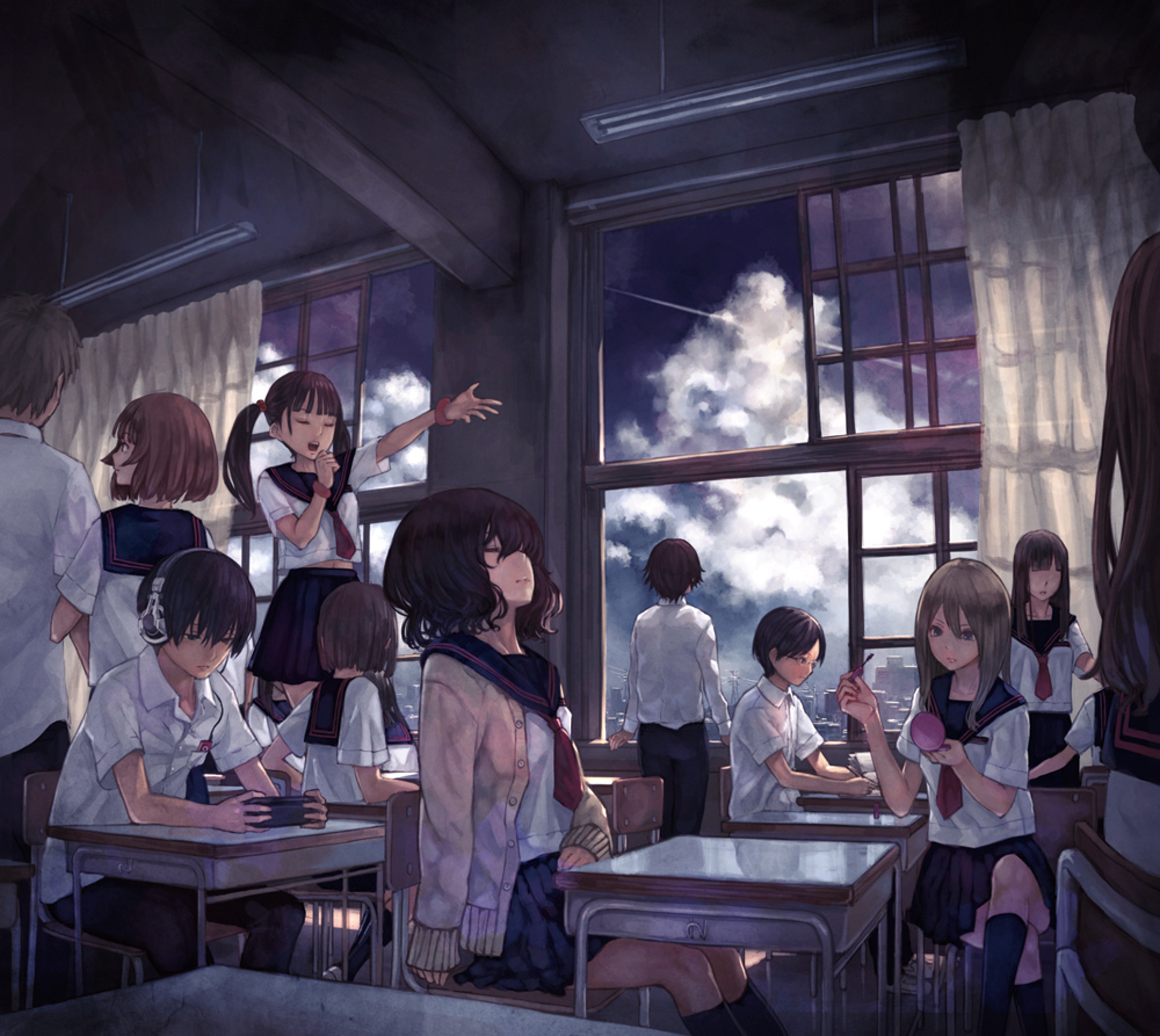 Free download wallpaper Anime, Sky, Girl, Cloud, School Uniform, Long Hair, Short Hair, Classroom on your PC desktop