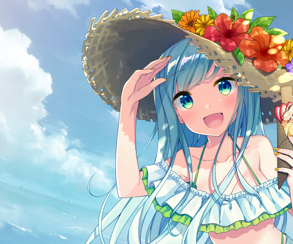 Baixe gratuitamente a imagem Anime, Verão, Sorvete, Flor, Original, Cabelo Azul na área de trabalho do seu PC