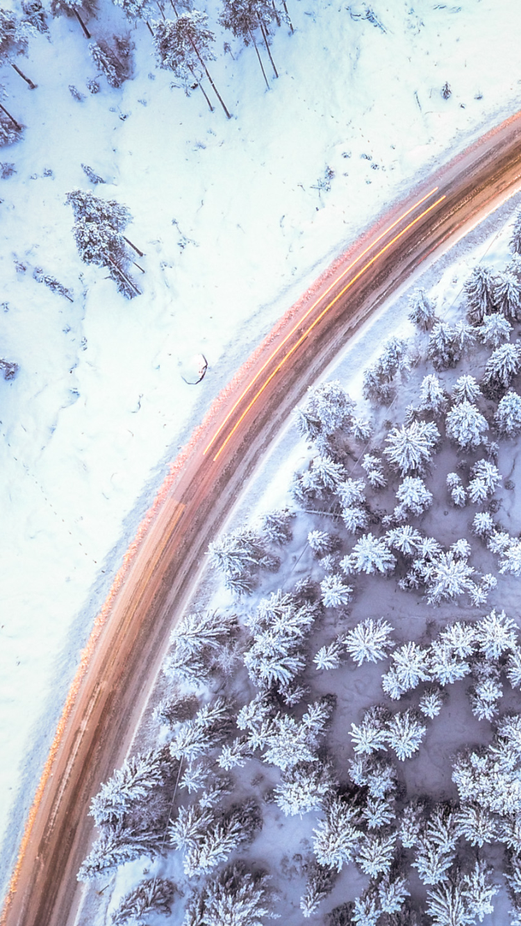 Download mobile wallpaper Winter, Nature, Snow, Road, Forest, Aerial, Man Made, Time Lapse for free.