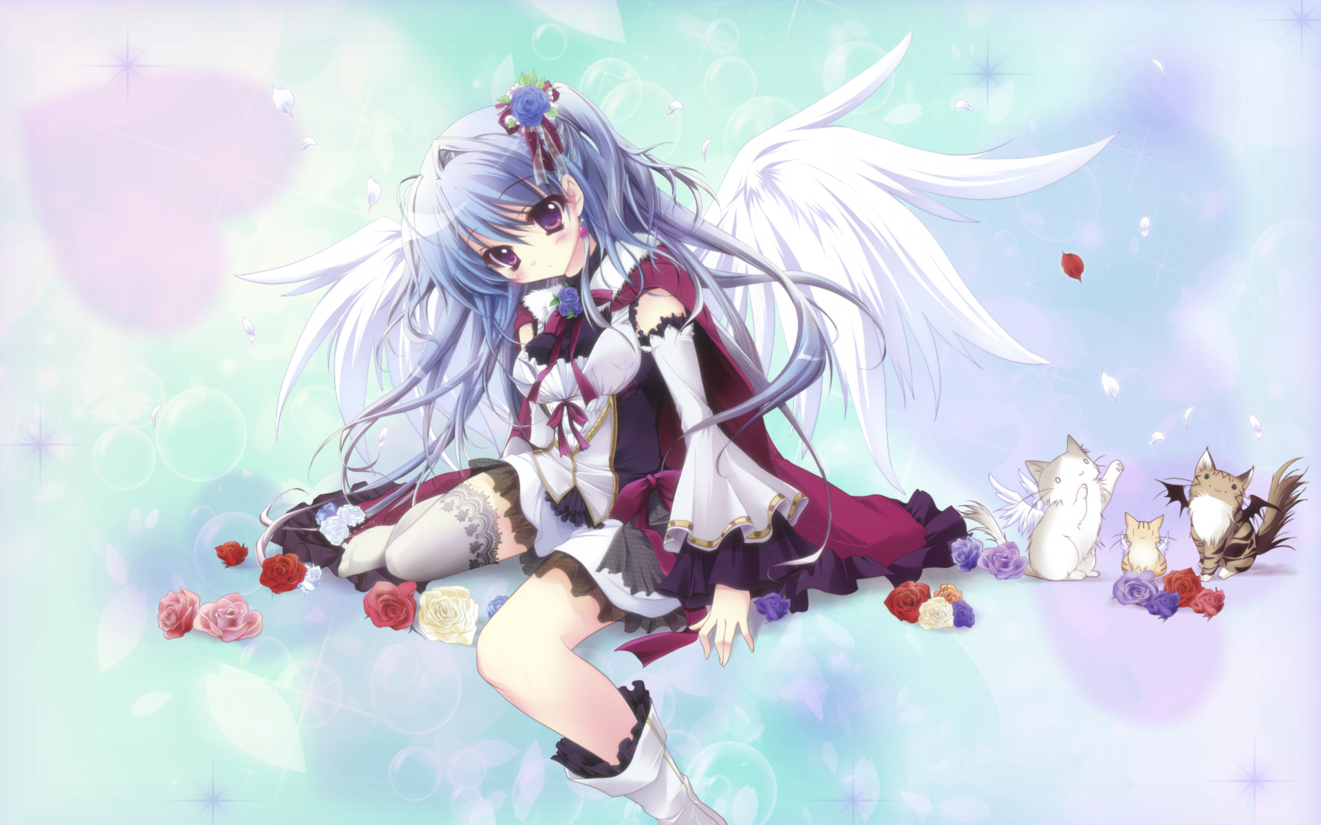 Laden Sie das Engel, Katze, Rose, Original, Animes-Bild kostenlos auf Ihren PC-Desktop herunter
